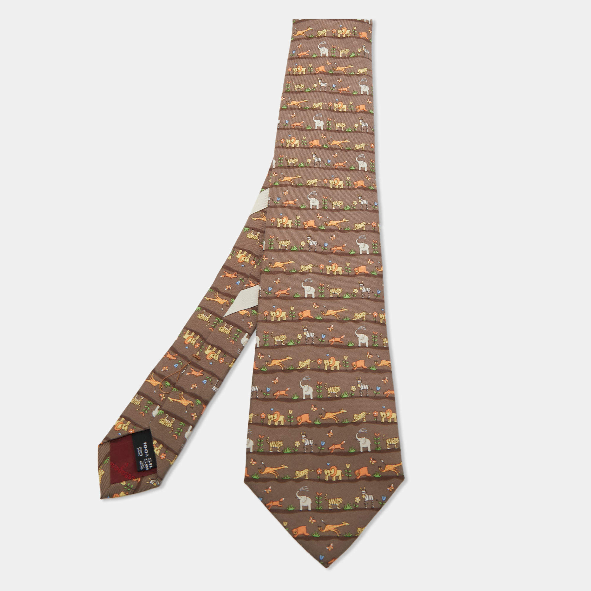 Pre Owned Salvatore Ferragamo Brown Striped Animal Print Silk Tie