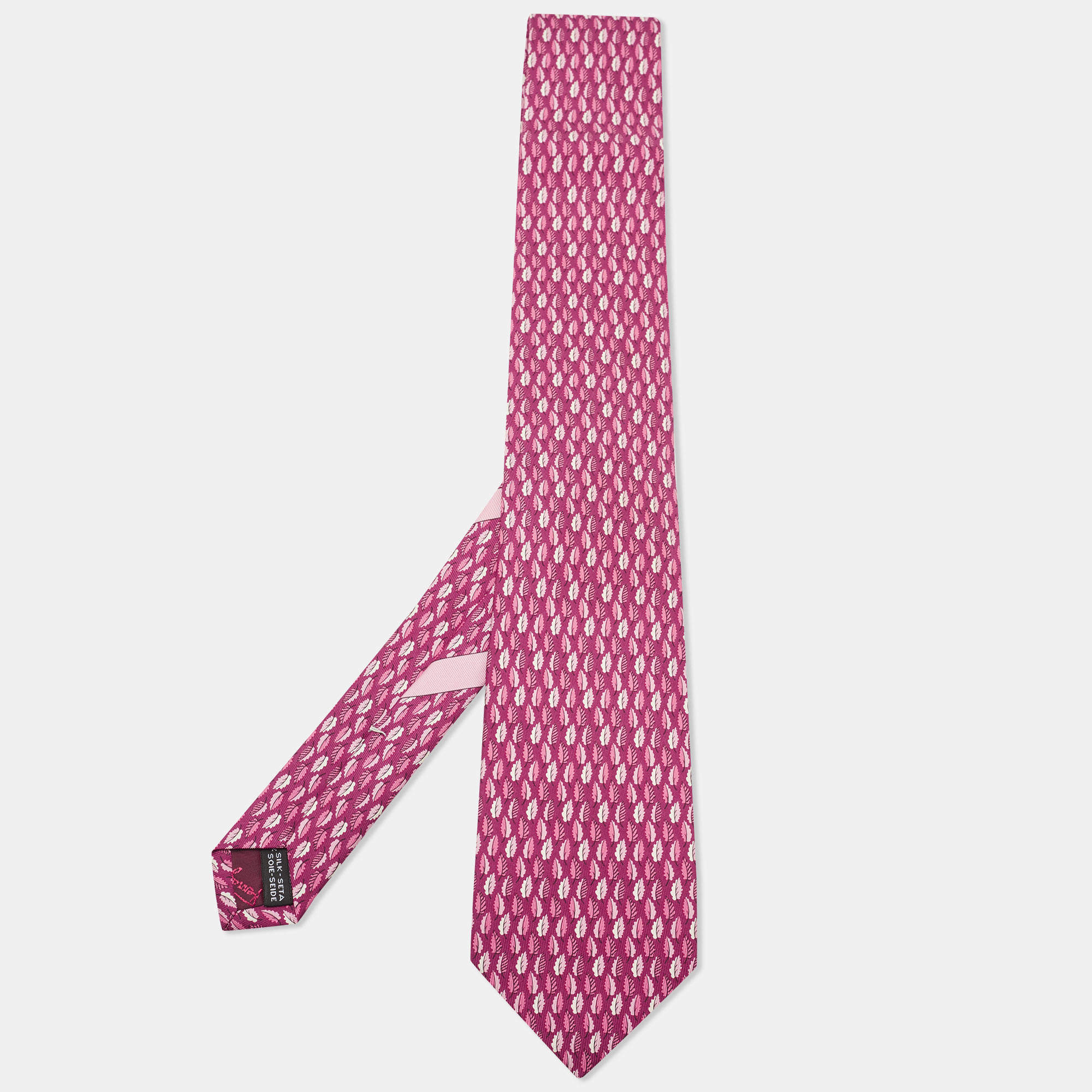 Pre Owned Salvatore Ferragamo Pink Leaf Print Silk Tie