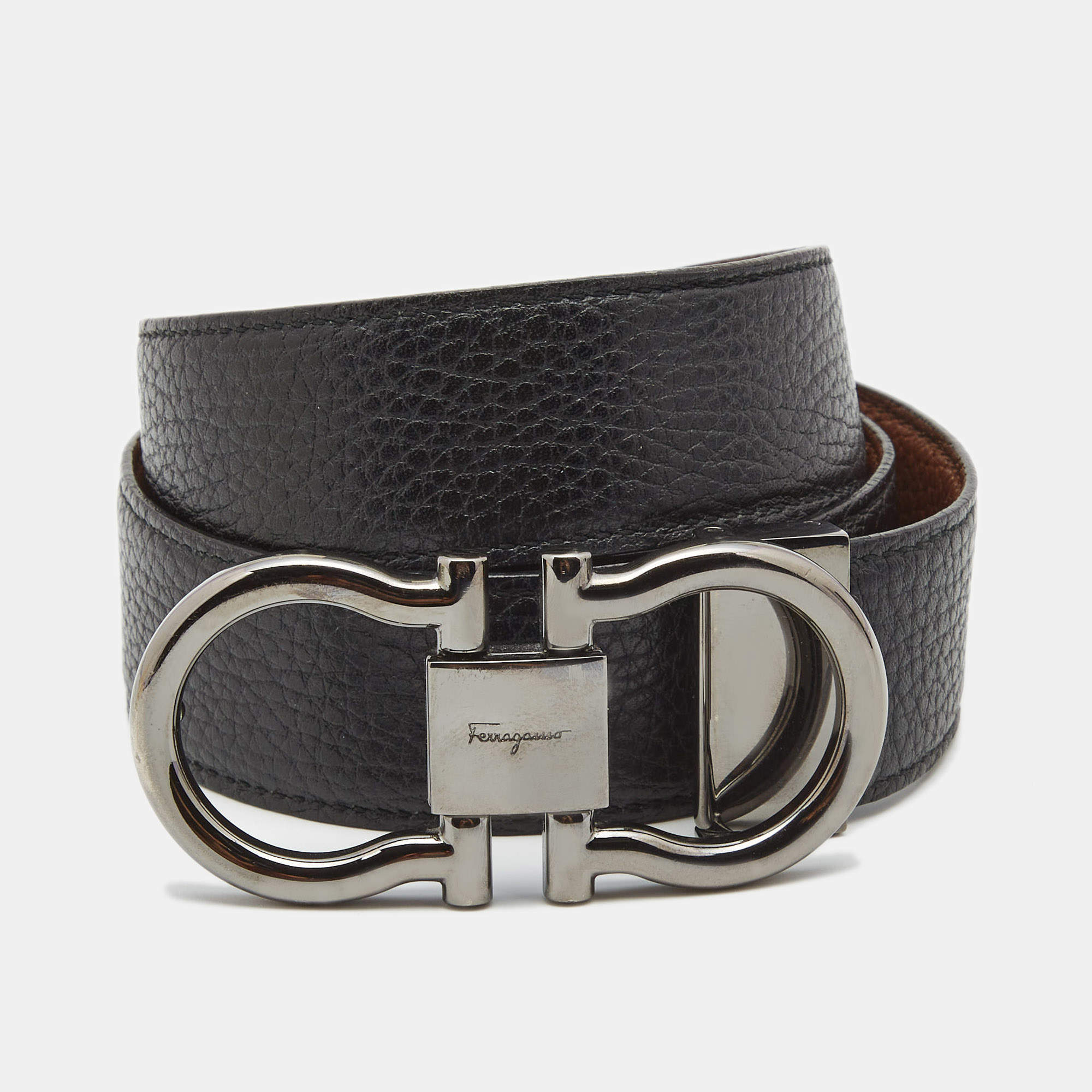Salvatore Ferragamo Black/Brown Leather Gancini Buckle Reversible Belt