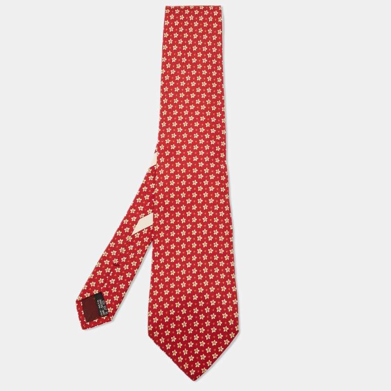 Pre Owned Salvatore Ferragamo Red Floral Print Silk Traditional Tie