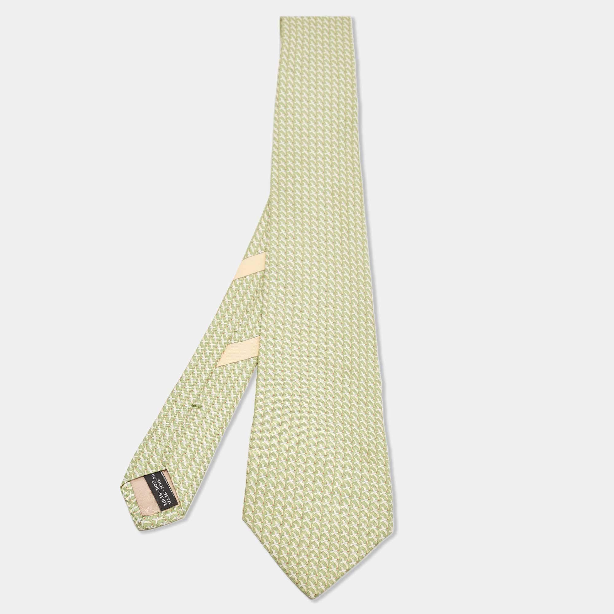 Pre Owned Salvatore Ferragamo Green Falcon Printed Silk Tie