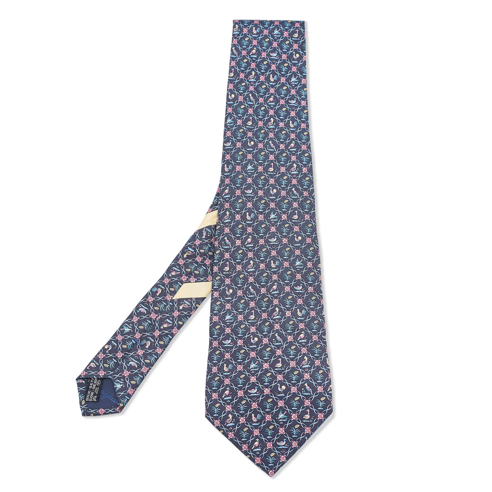 Pre Owned Salvatore Ferragamo Navy Blue Floral Birds Print Silk Traditional Tie