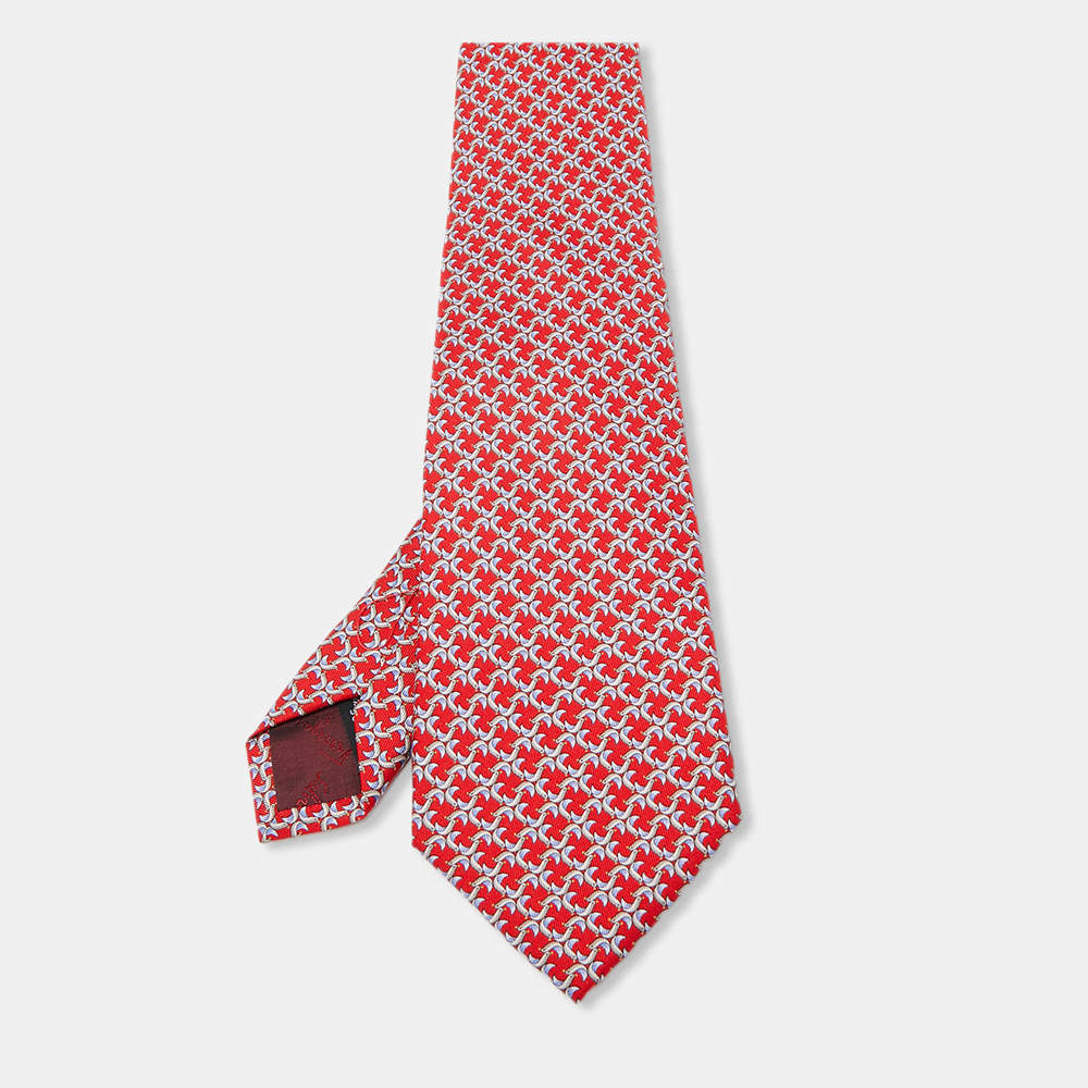Pre Owned Salvatore Ferragamo Red Bird Print Silk Tie