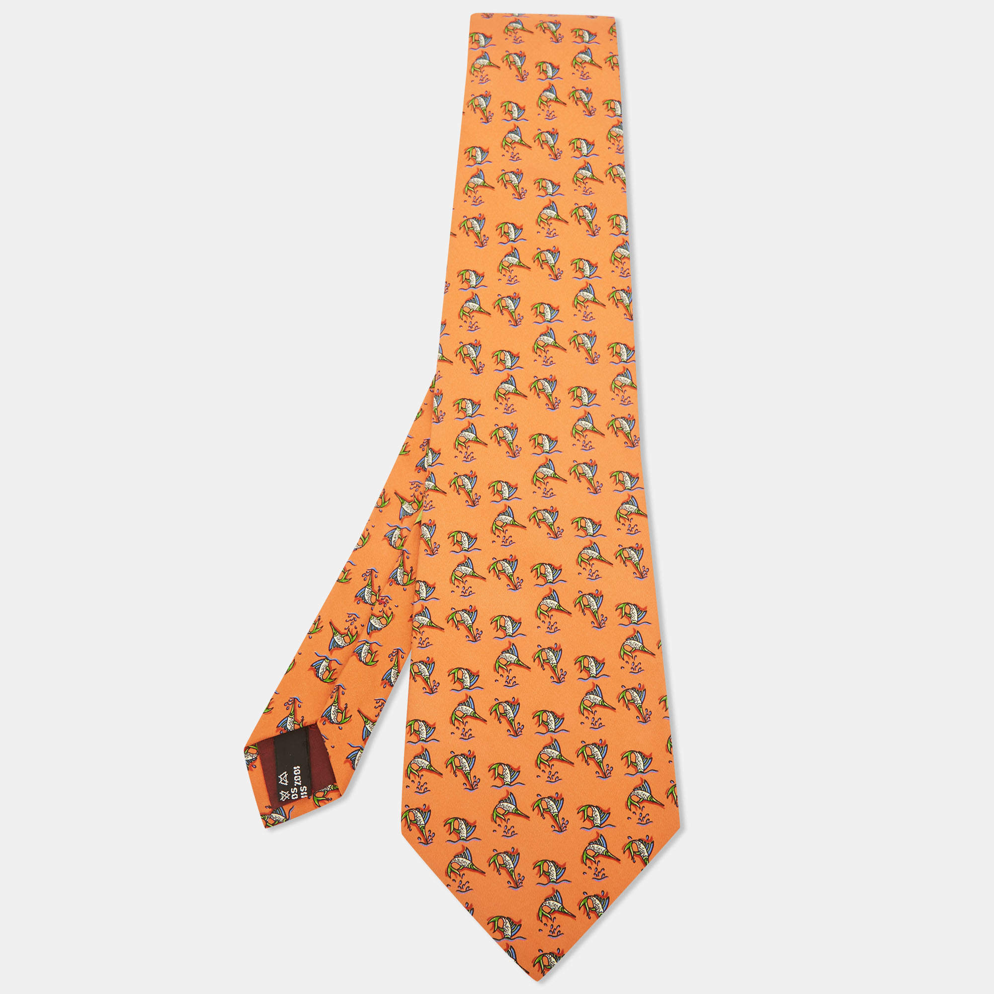 Pre Owned Salvatore Ferragamo Orange Fish Print Silk Traditional Tie
