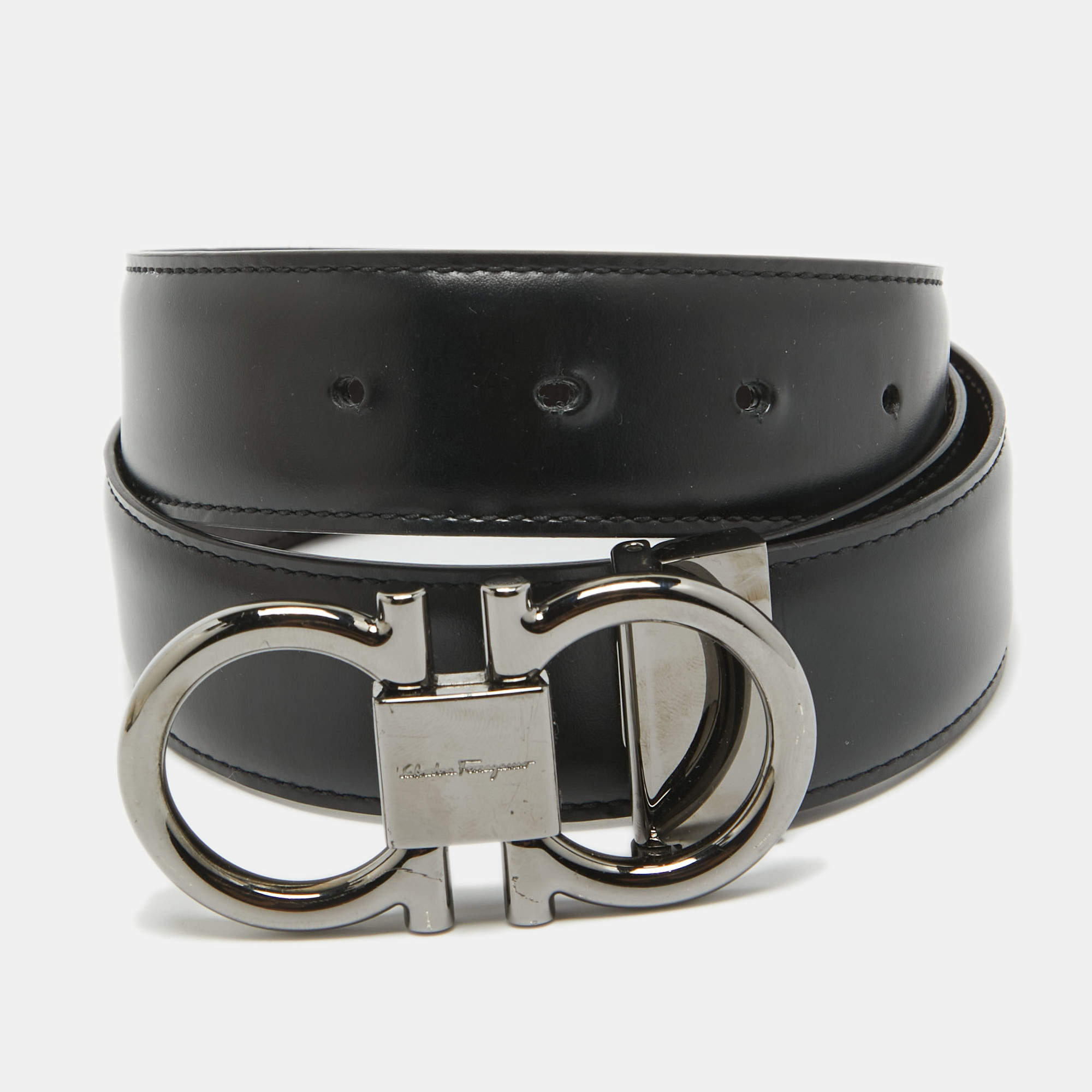 Pre Owned Salvatore Ferragamo Black/Dark Brown Leather Gancini Cut to Size Reversible Belt