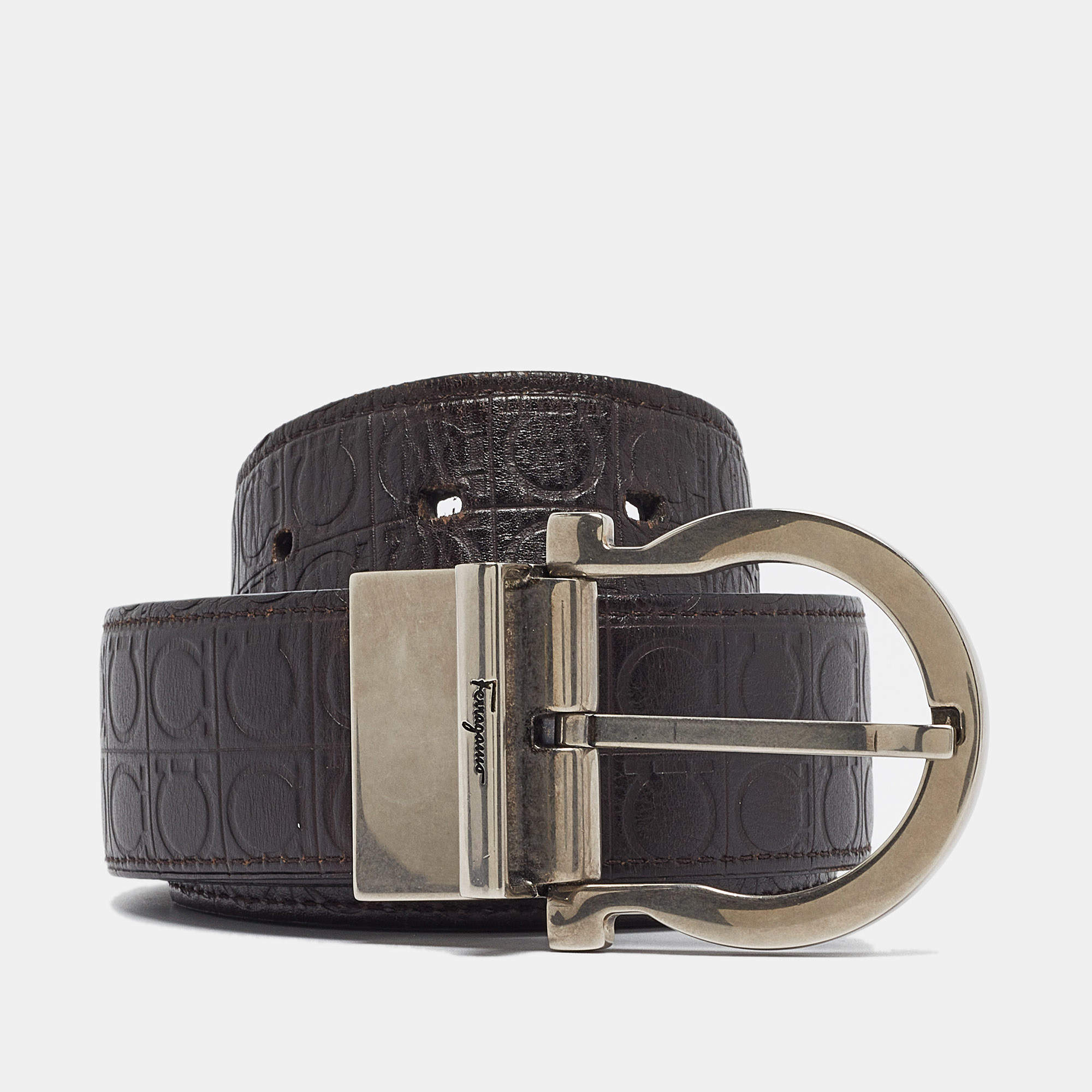 Pre Owned Salvatore Ferragamo Black/Dark Brown Ganici Embossed Leather Cut to Size Reversible Buckle Belt