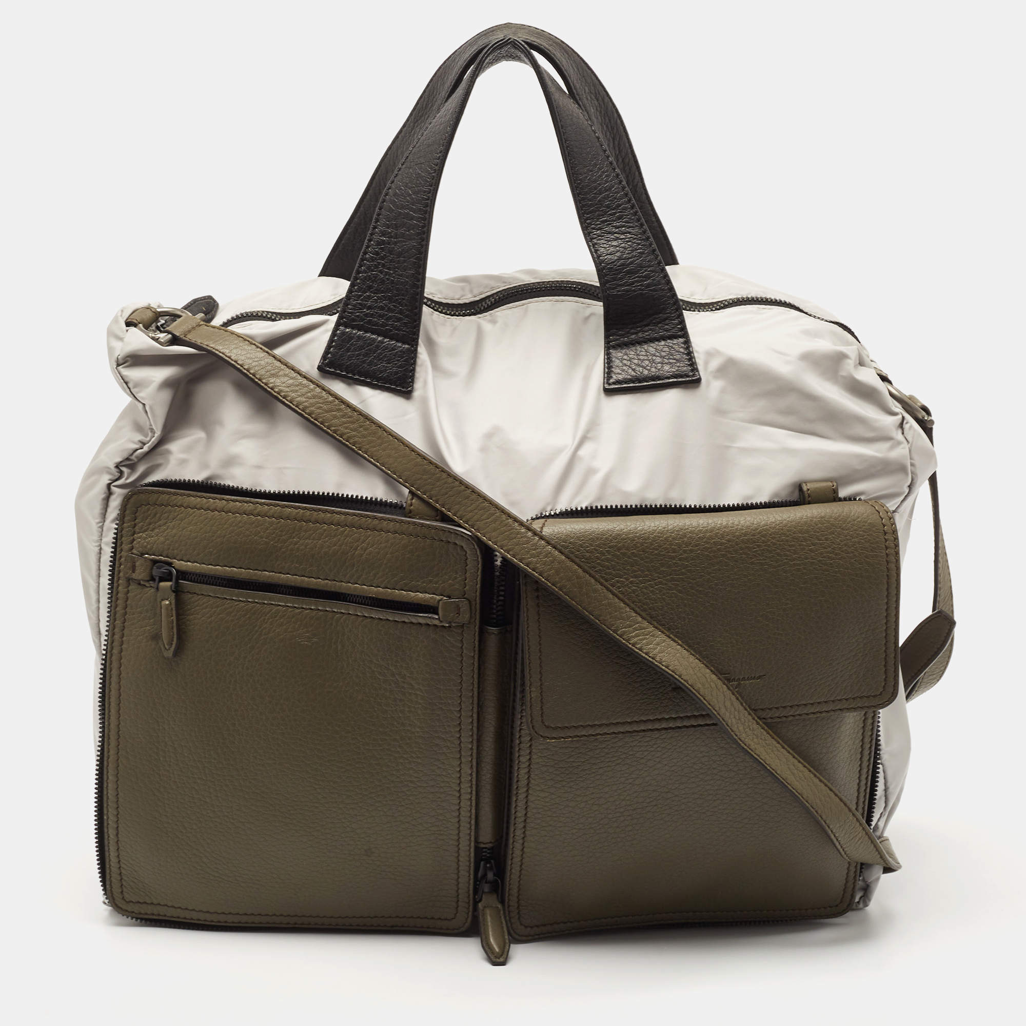 Salvatore Ferragamo Olive Green/Grey Leather and Nylon Pocket Tote