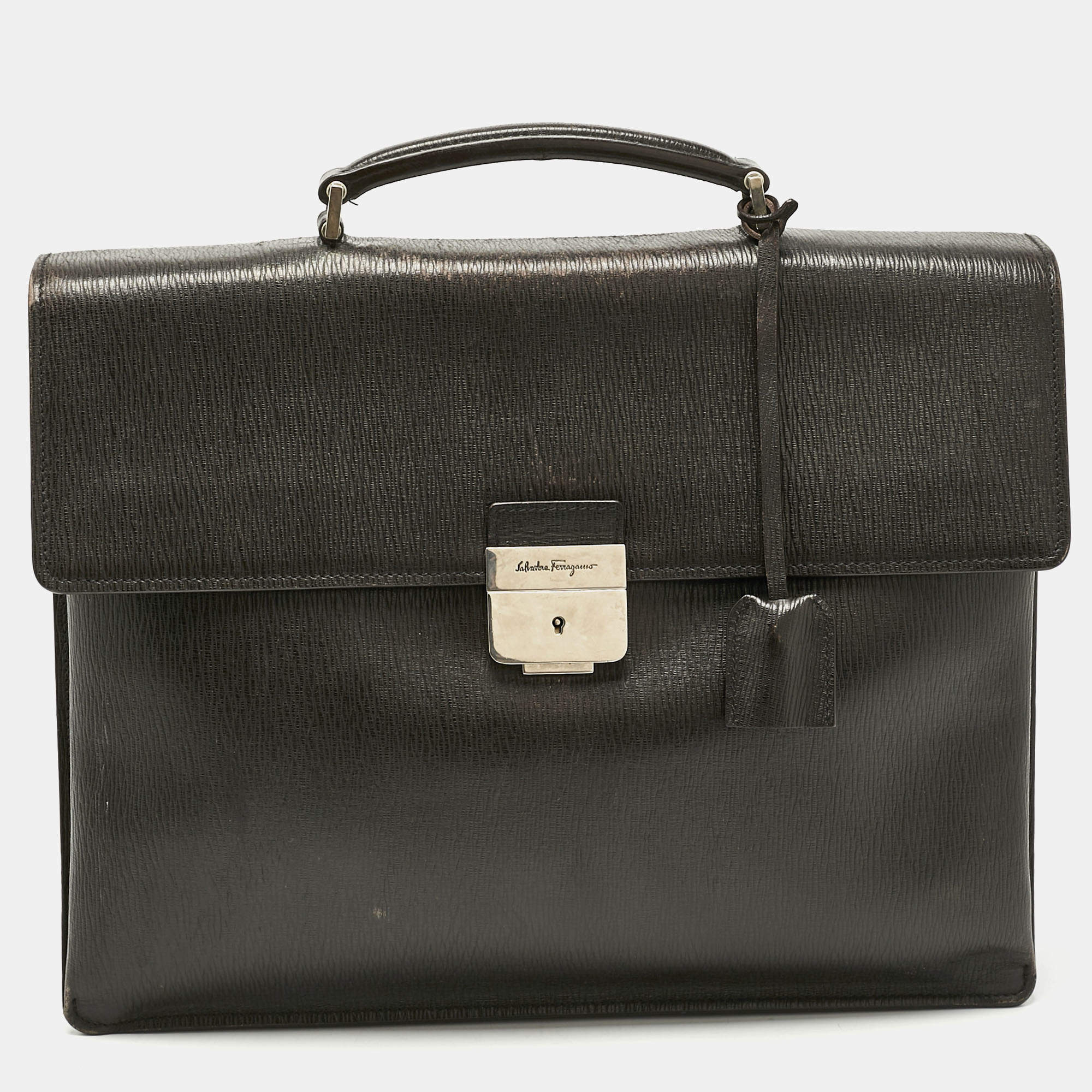 Pre Owned Salvatore Ferragamo Choco Brown Leather Briefcase