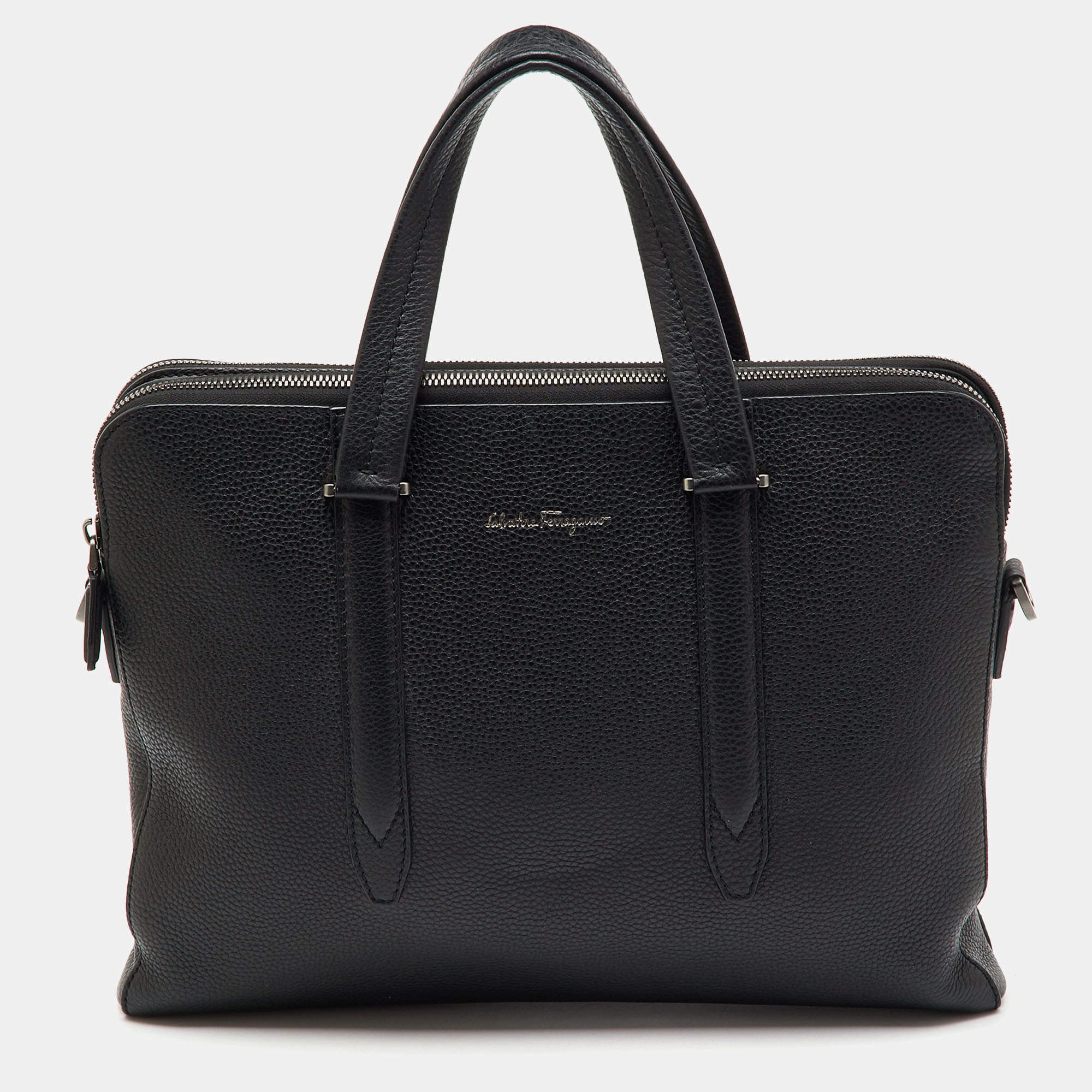 Pre Owned Salvatore Ferragamo Black Pebbled Leather Briefcase