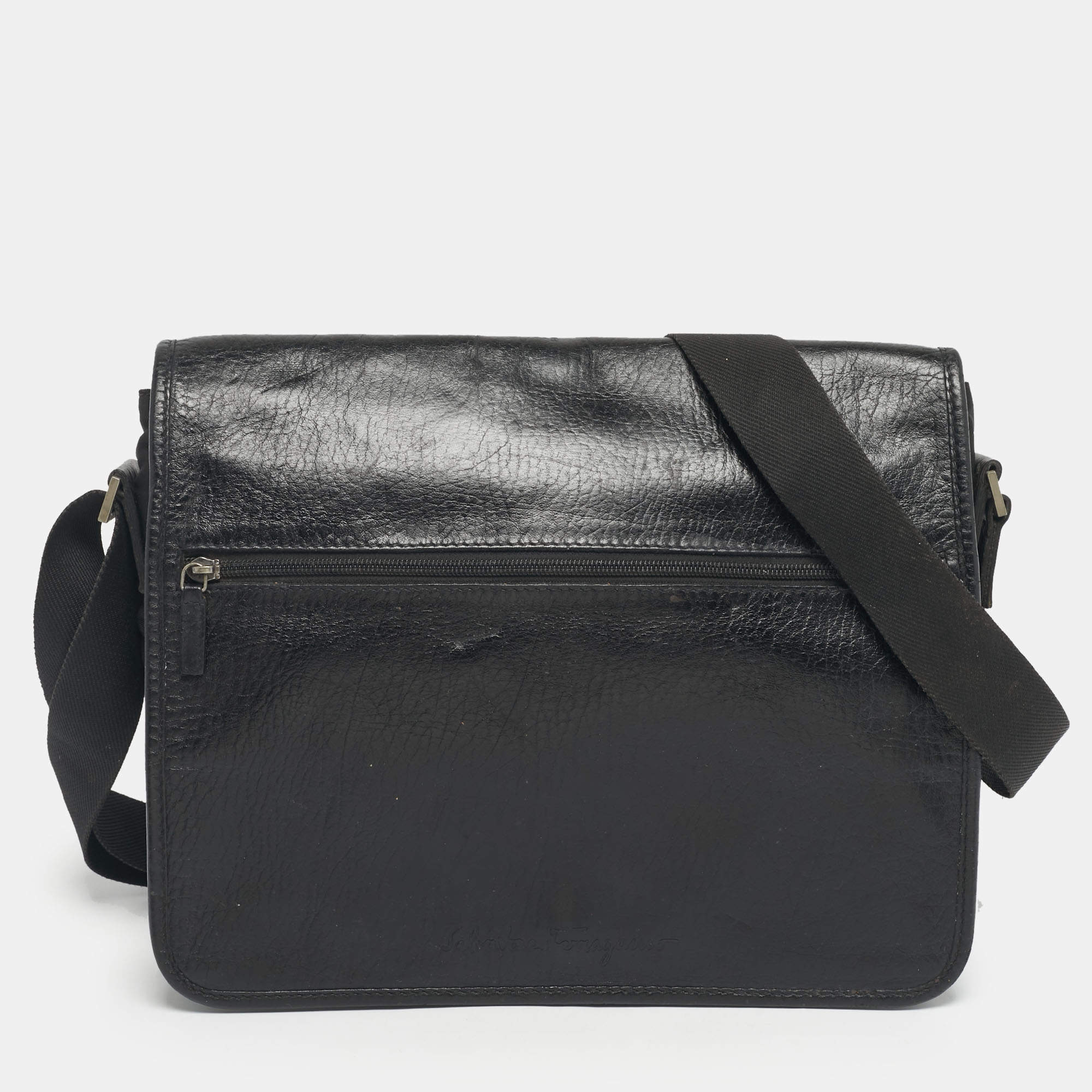 Pre Owned Salvatore Ferragamo Black Leather and Nylon Flap Messenger Bag