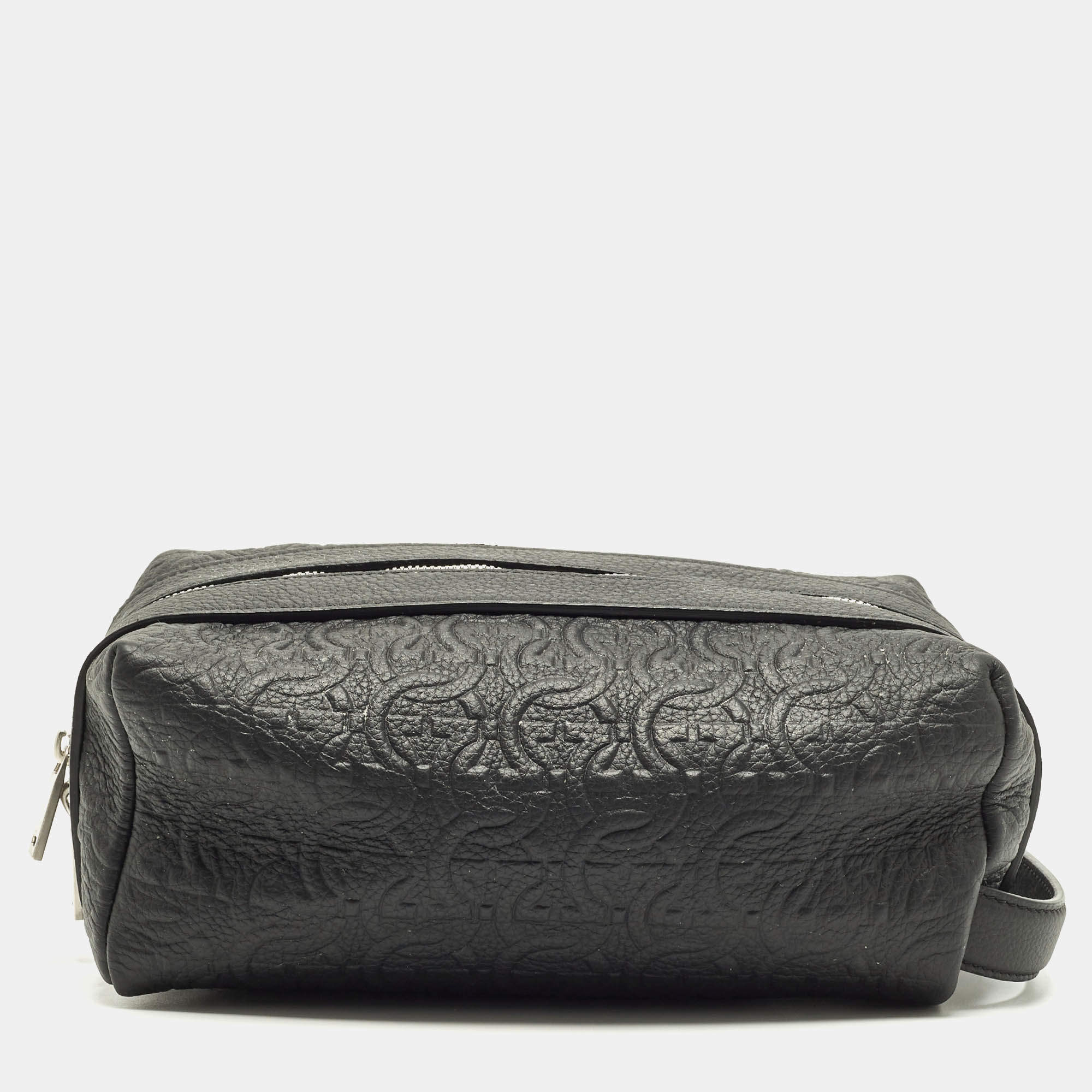 Pre Owned Salvatore Ferragamo Black Gancini Embossed Leather Toiletry Bag