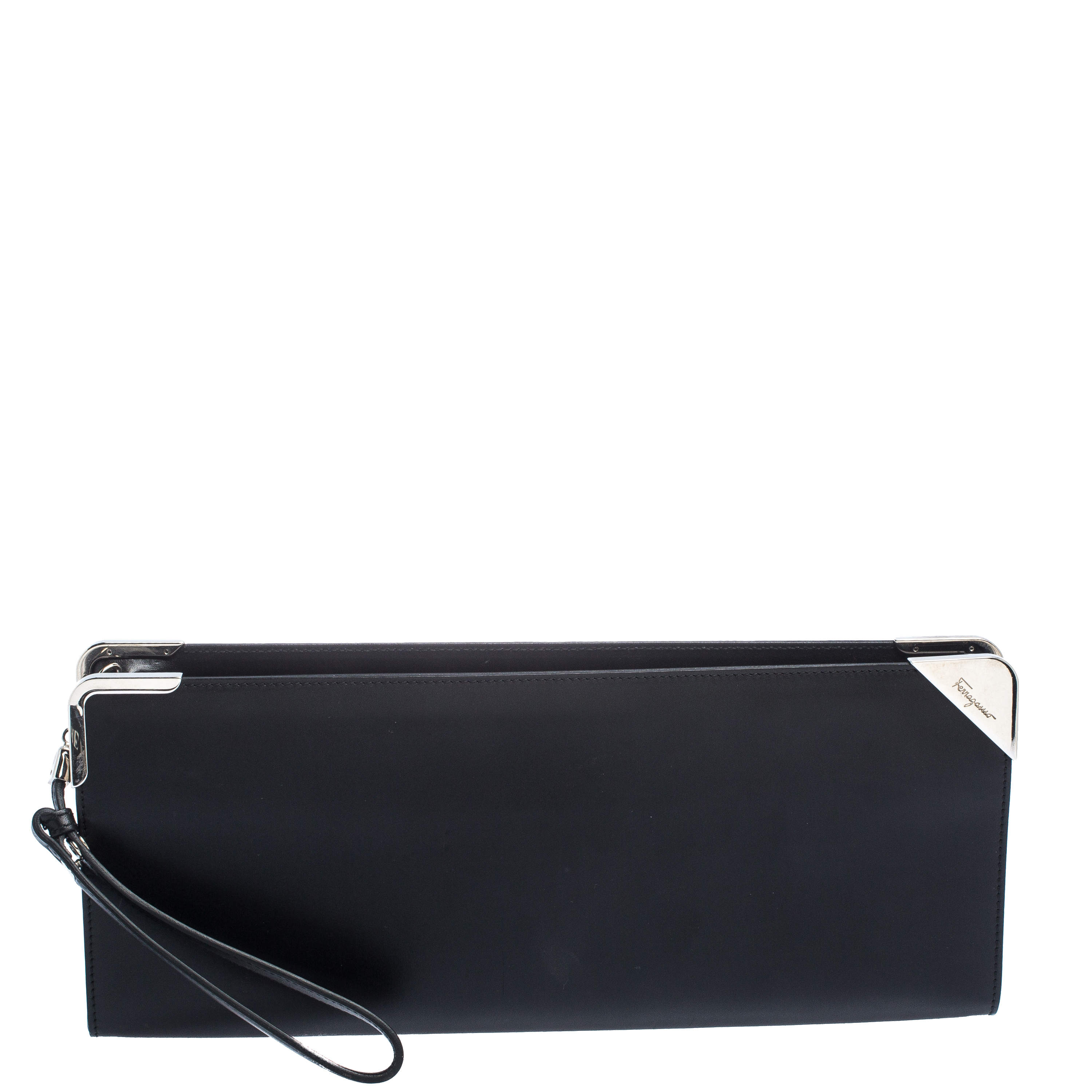 Pre Owned Salvatore Ferragamo Black Leather Wristlet Clutch