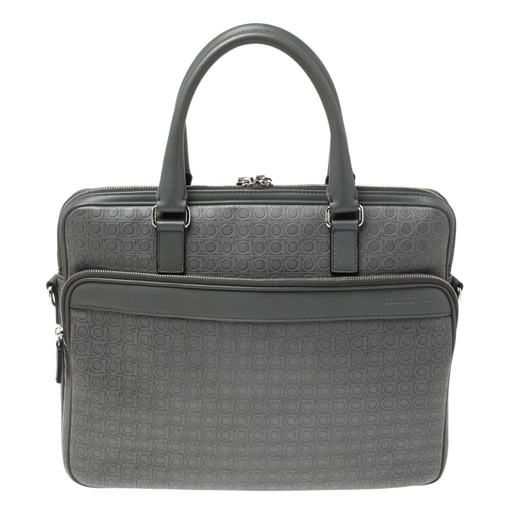 Salvatore Ferragamo Grey Gancini Embossed Leather Laptop Bag Salvatore ...