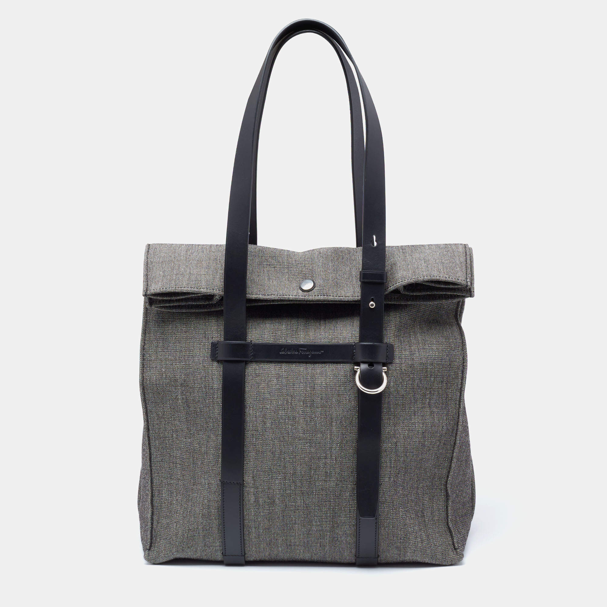 Pre Owned Salvatore Ferragamo Grey/Black Canvas and Leather Fold Over Tote