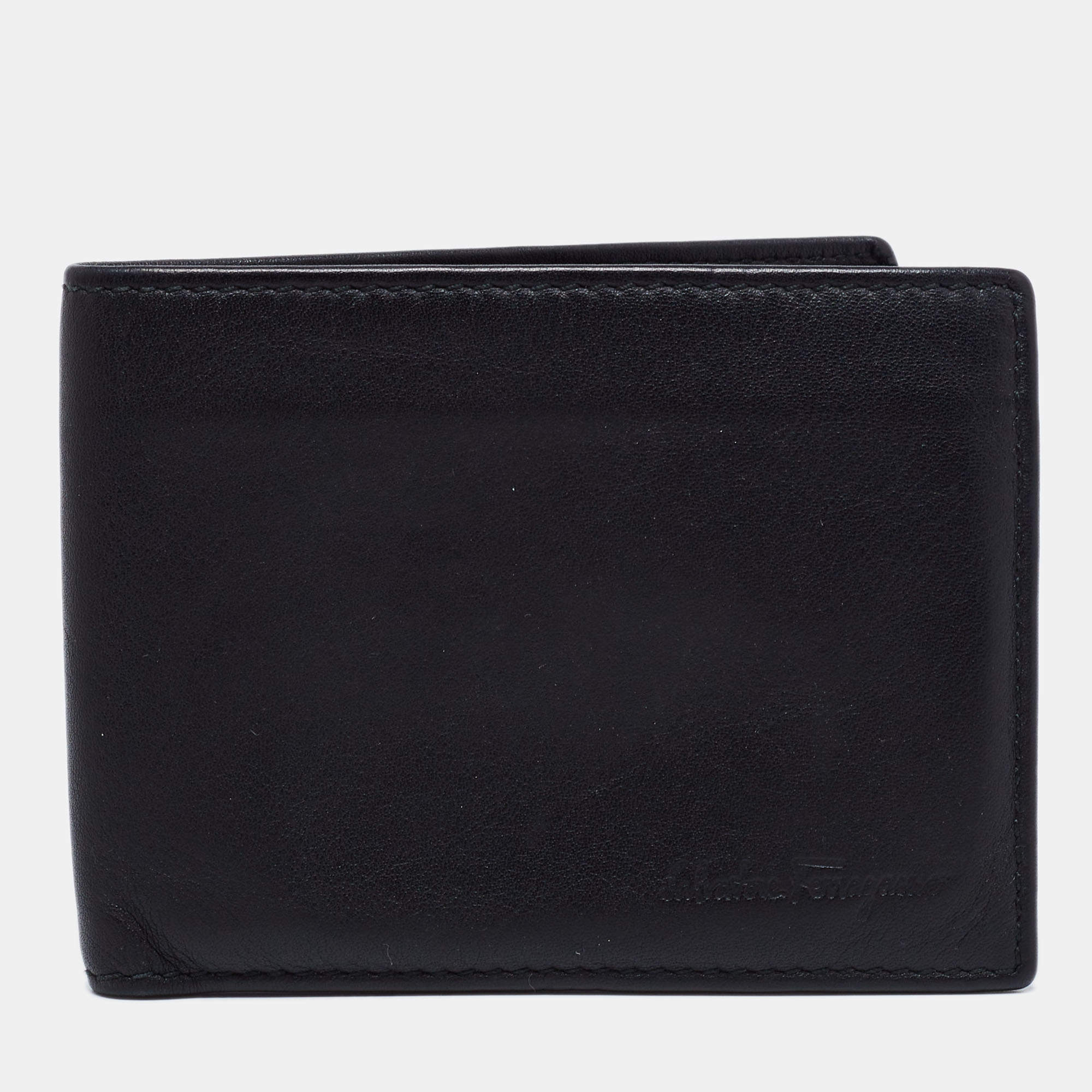 Pre Owned Salvatore Ferragamo Black Leather Bifold Compact Wallet