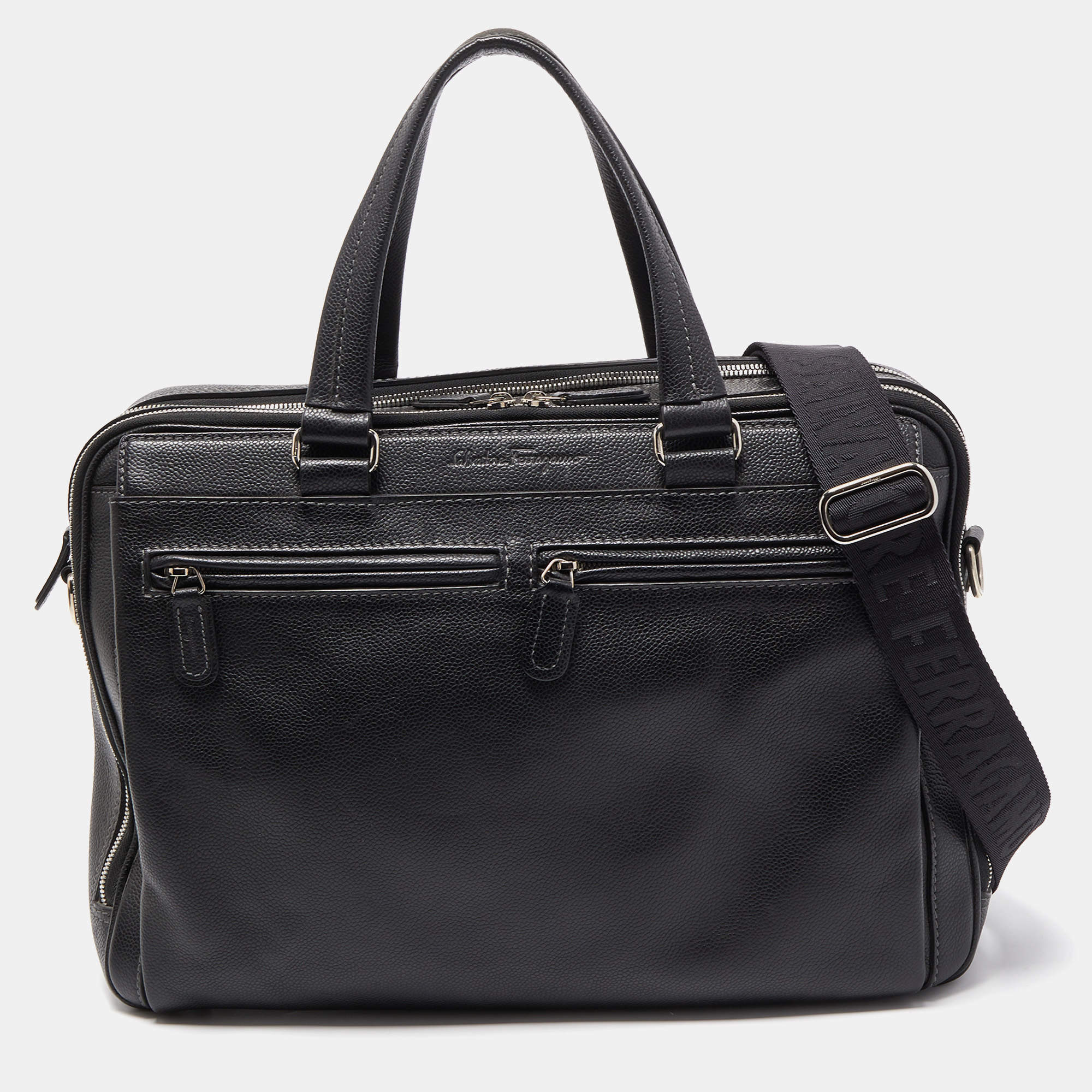 Pre Owned Salvatore Ferragamo Black Leather Double Zip Briefcase Bag