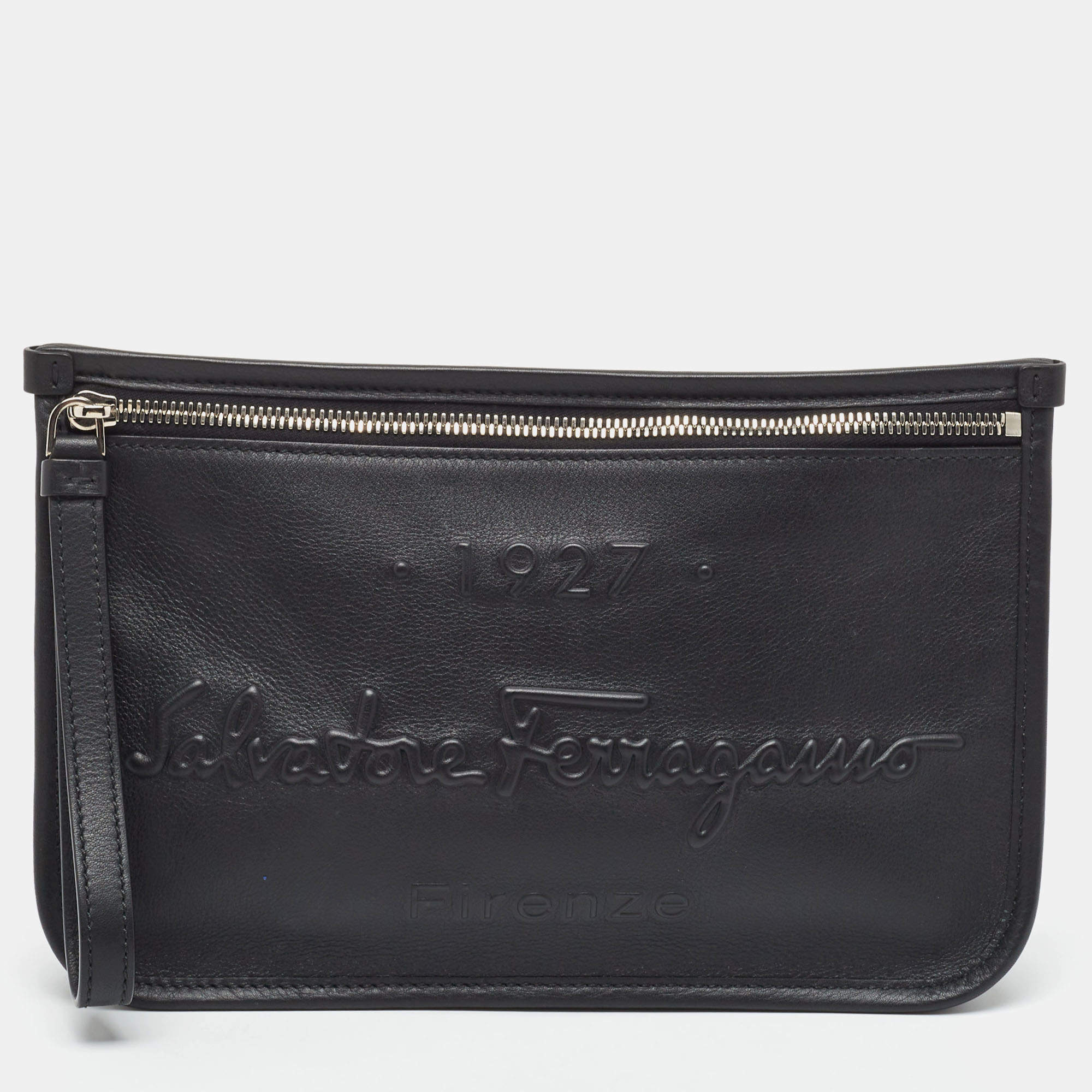 Pre Owned Salvatore Ferragamo Black Leather Zip Wristlet Pouch