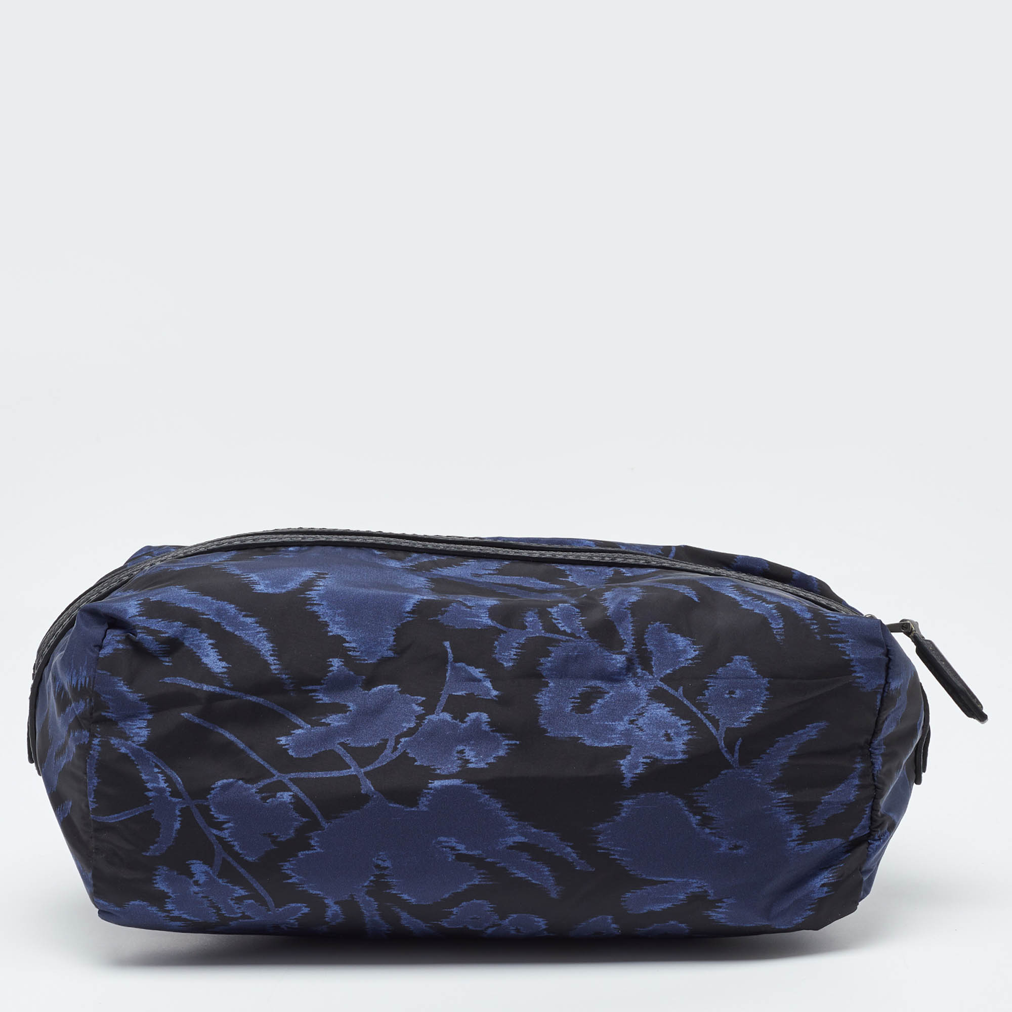 Salvatore Ferragamo Blue/Black Print Nylon and Leather Pouch