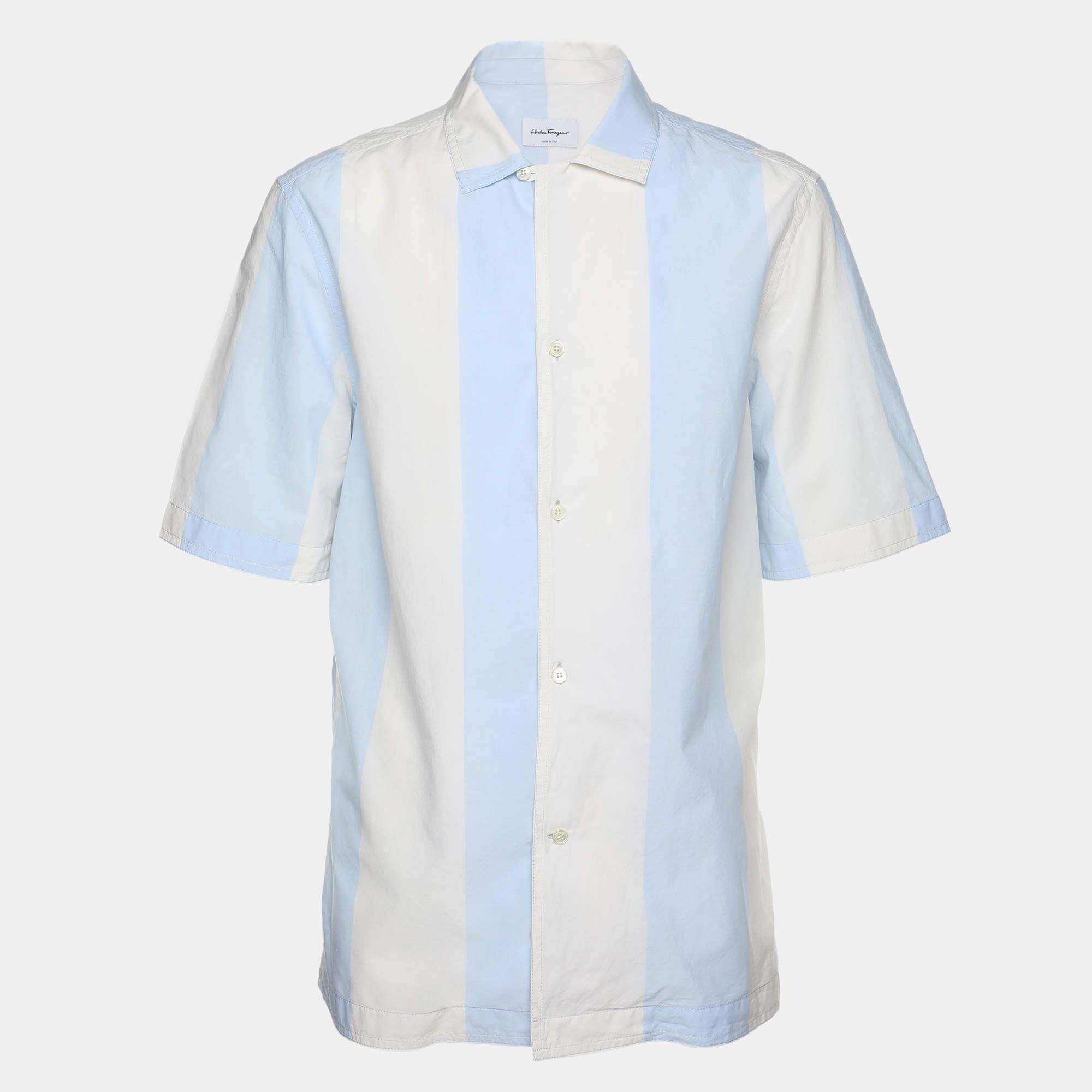 Salvatore Ferragamo Cream/Blue Striped Cotton Button Shirt M