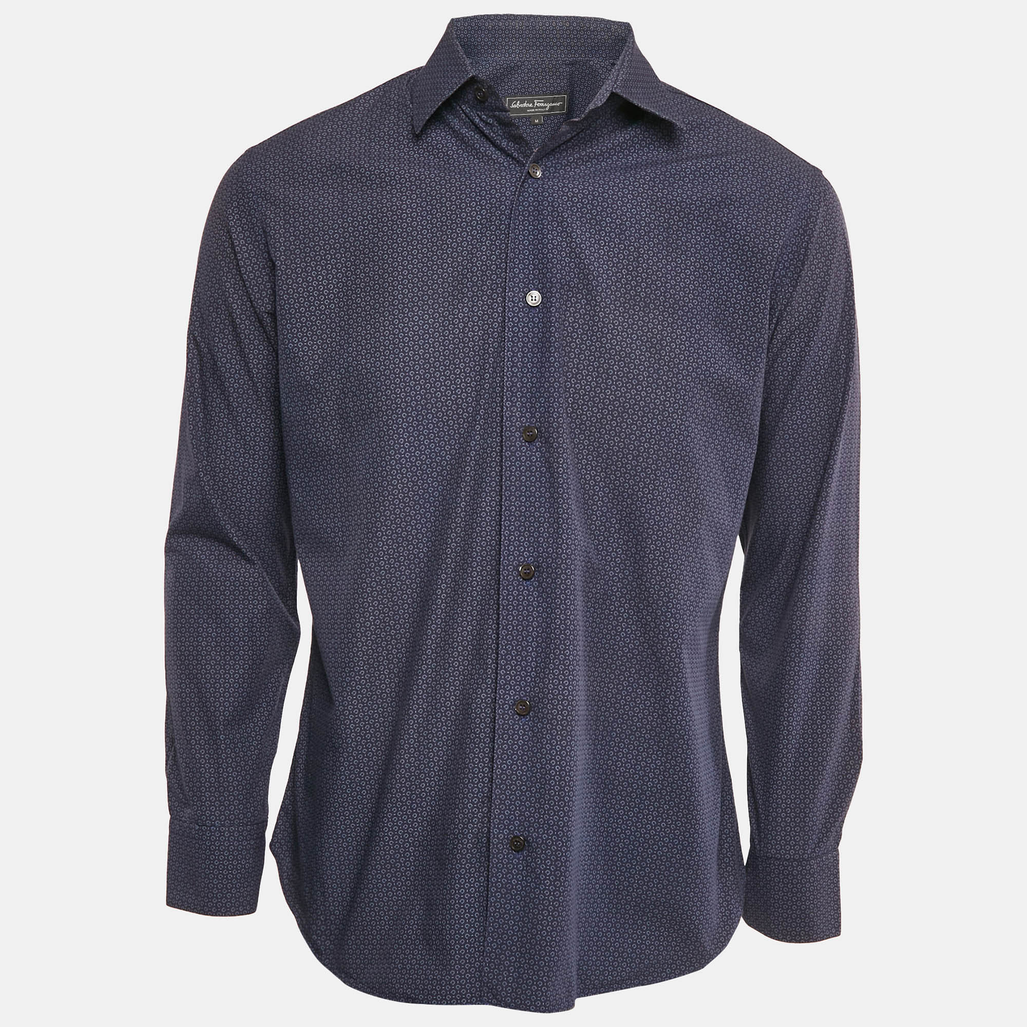 Pre Owned Salvatore Ferragamo Navy Blue Printed Derby Fit Shirt M