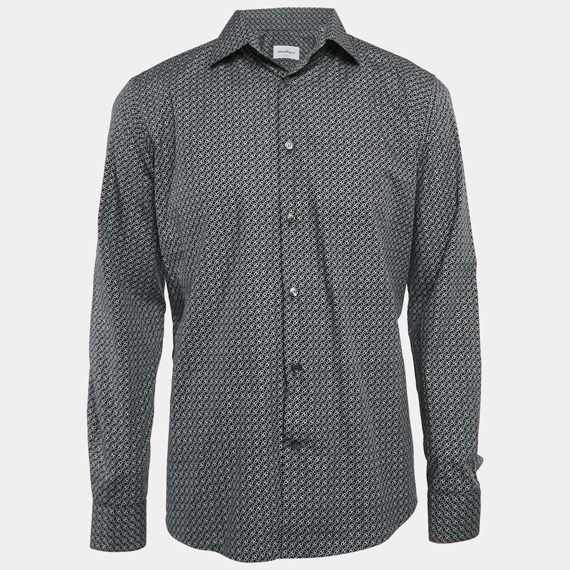 Salvatore Ferragamo Blue Printed Cotton Button Front Shirt L