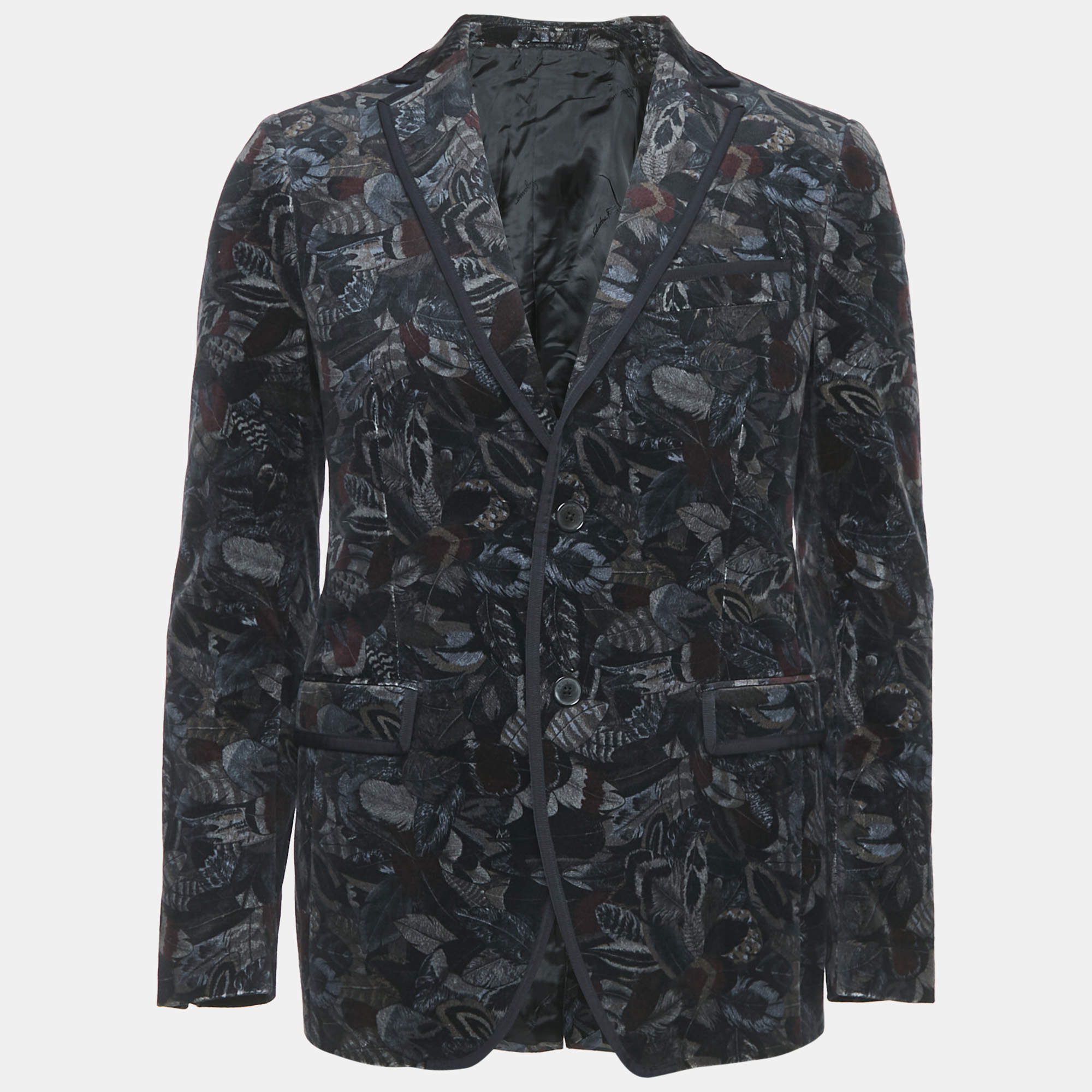 Salvatore Ferragamo Multicolor Feather Print Velvet Blazer S
