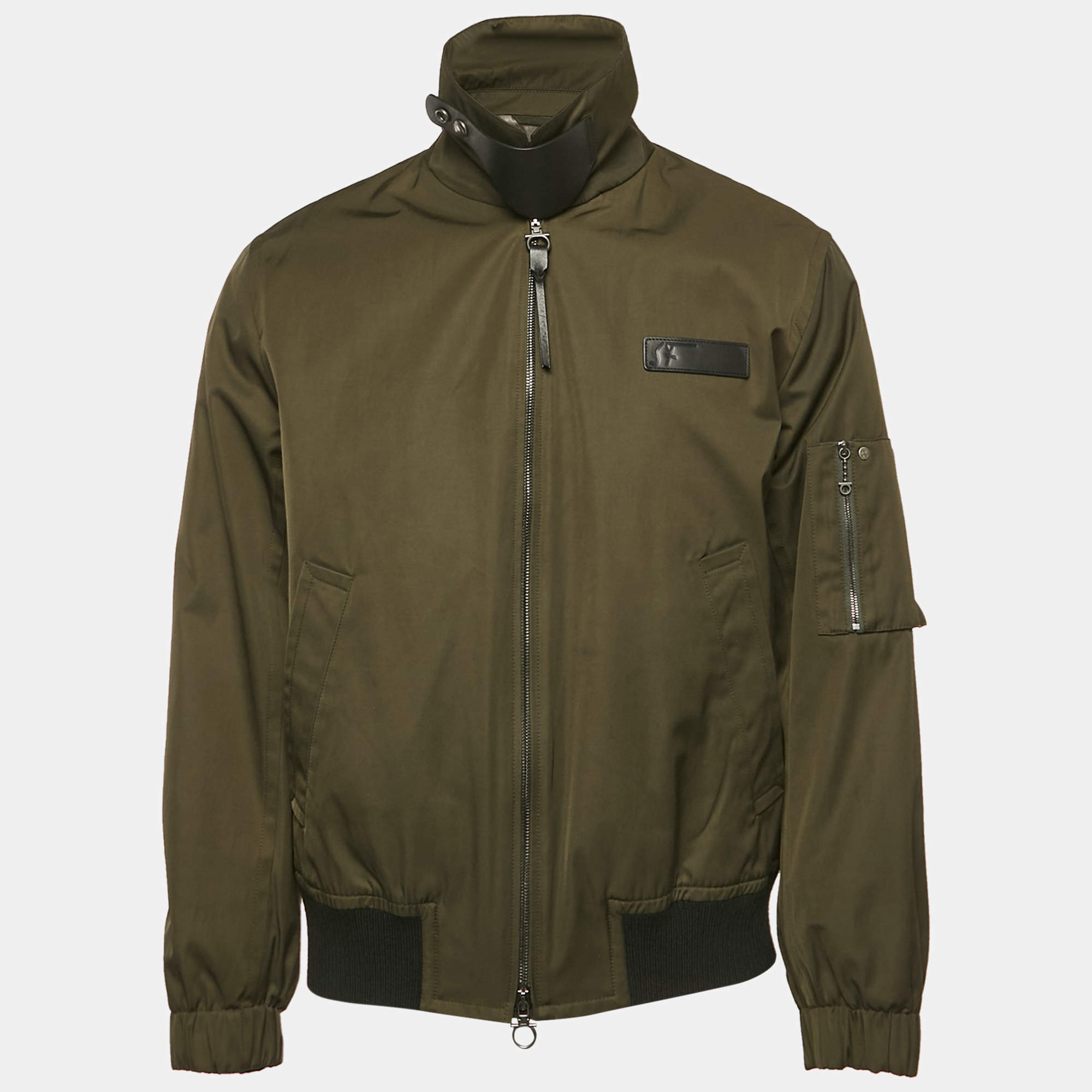 Salvatore Ferragamo Olive Green Gabardine Leather Trim Bomber Jacket M