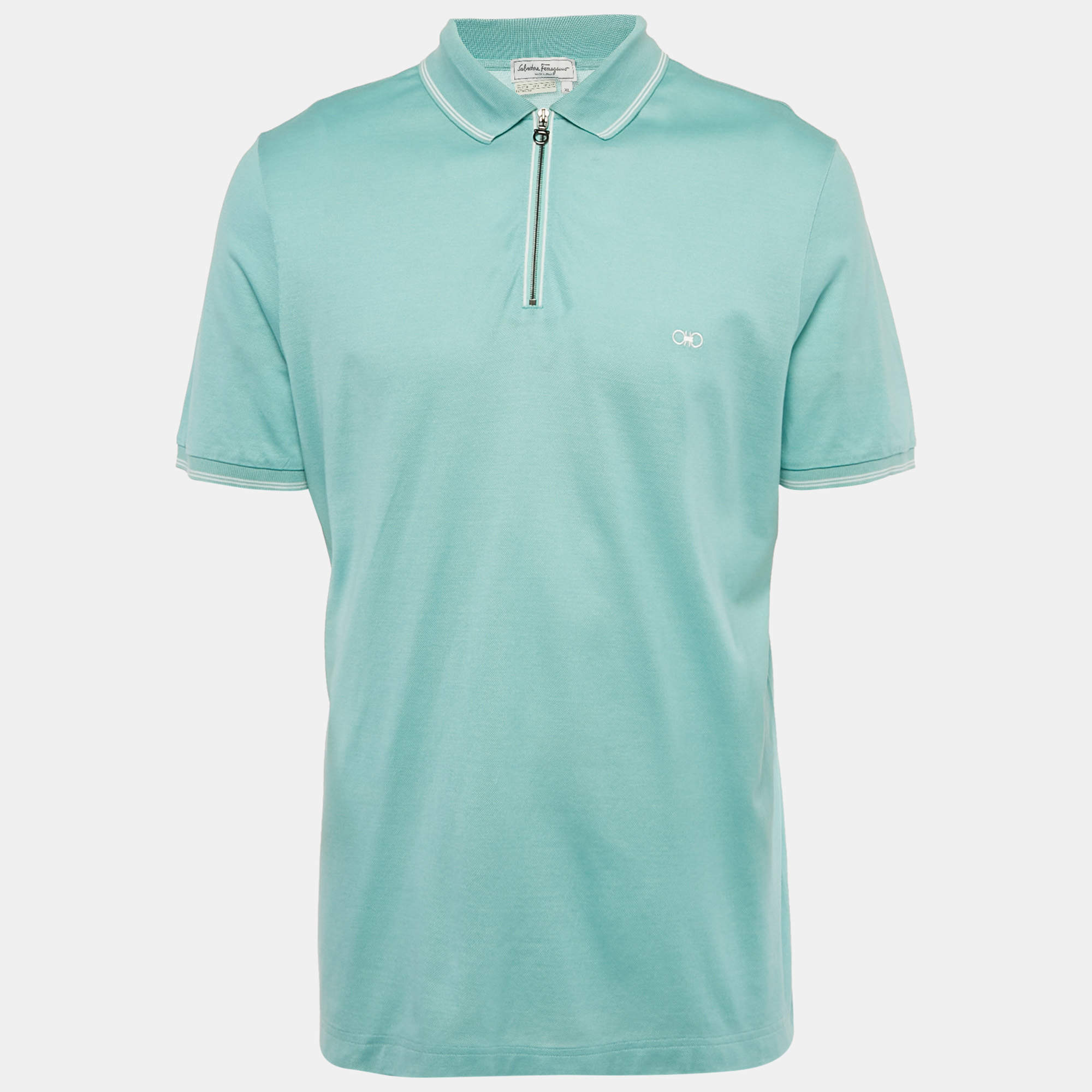 Pre Owned Salvatore Ferragamo Turquoise Cotton Zip -Up Polo T-Shirt XL