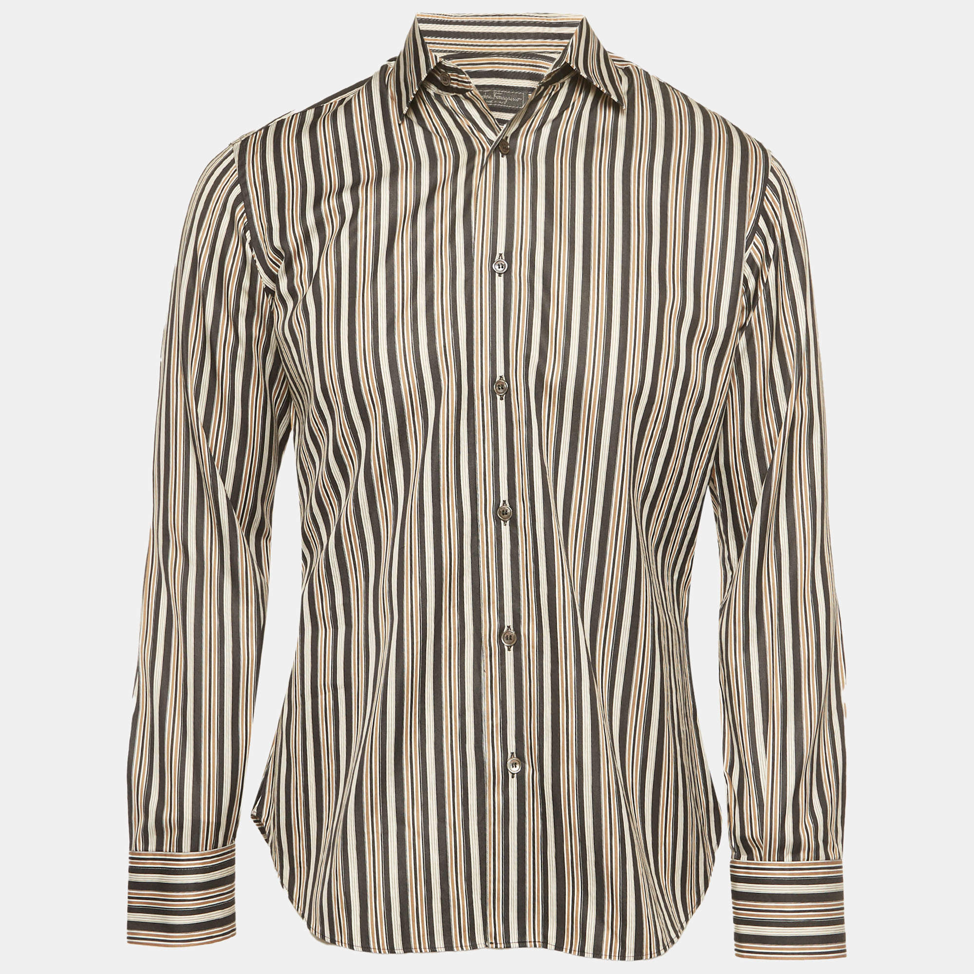 Pre Owned Salvatore Ferragamo Black/Beige Striped Cotton Button Down Shirt S