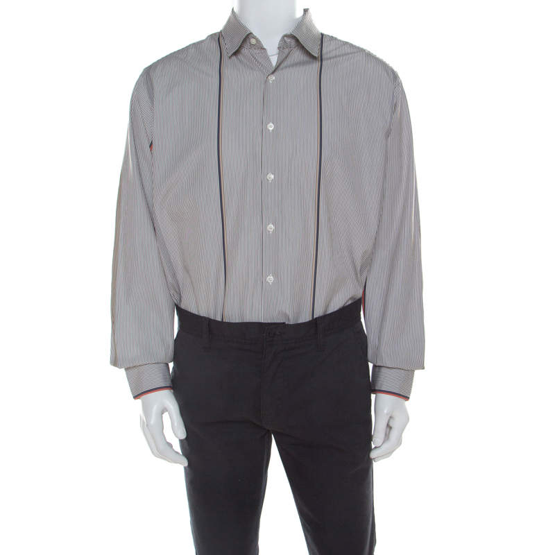 Pre Owned Salvatore Ferragamo Brown Pin Striped Cotton Derby Fit Shirt XXL 