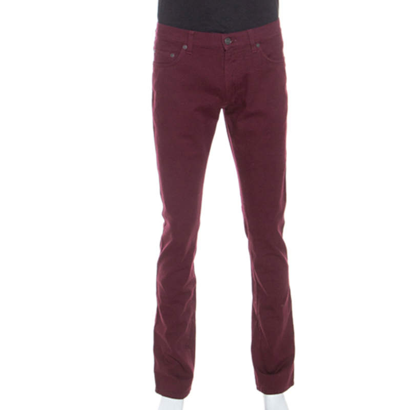 Pre Owned Salvatore Ferragamo Burgundy Washed Denim Straight Fit Jeans M