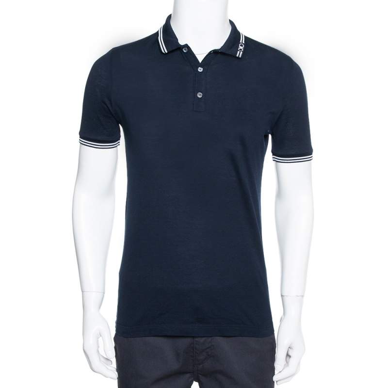 Salvatore Ferragamo Navy Blue Cotton Pique Contrast Stripe Detail Polo T-Shirt S