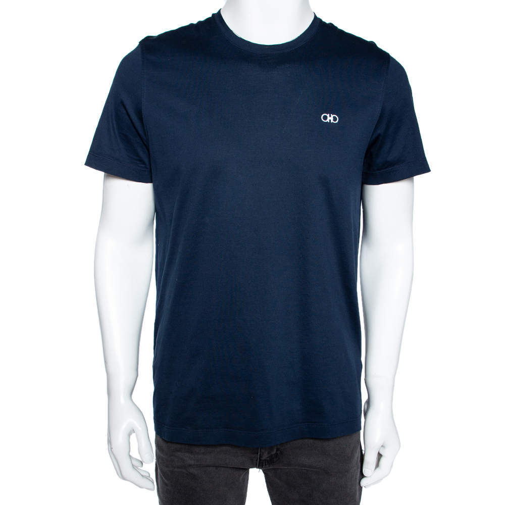 Pre Owned Salvatore Ferragamo Navy Blue Cotton Short Sleeve T-Shirt L