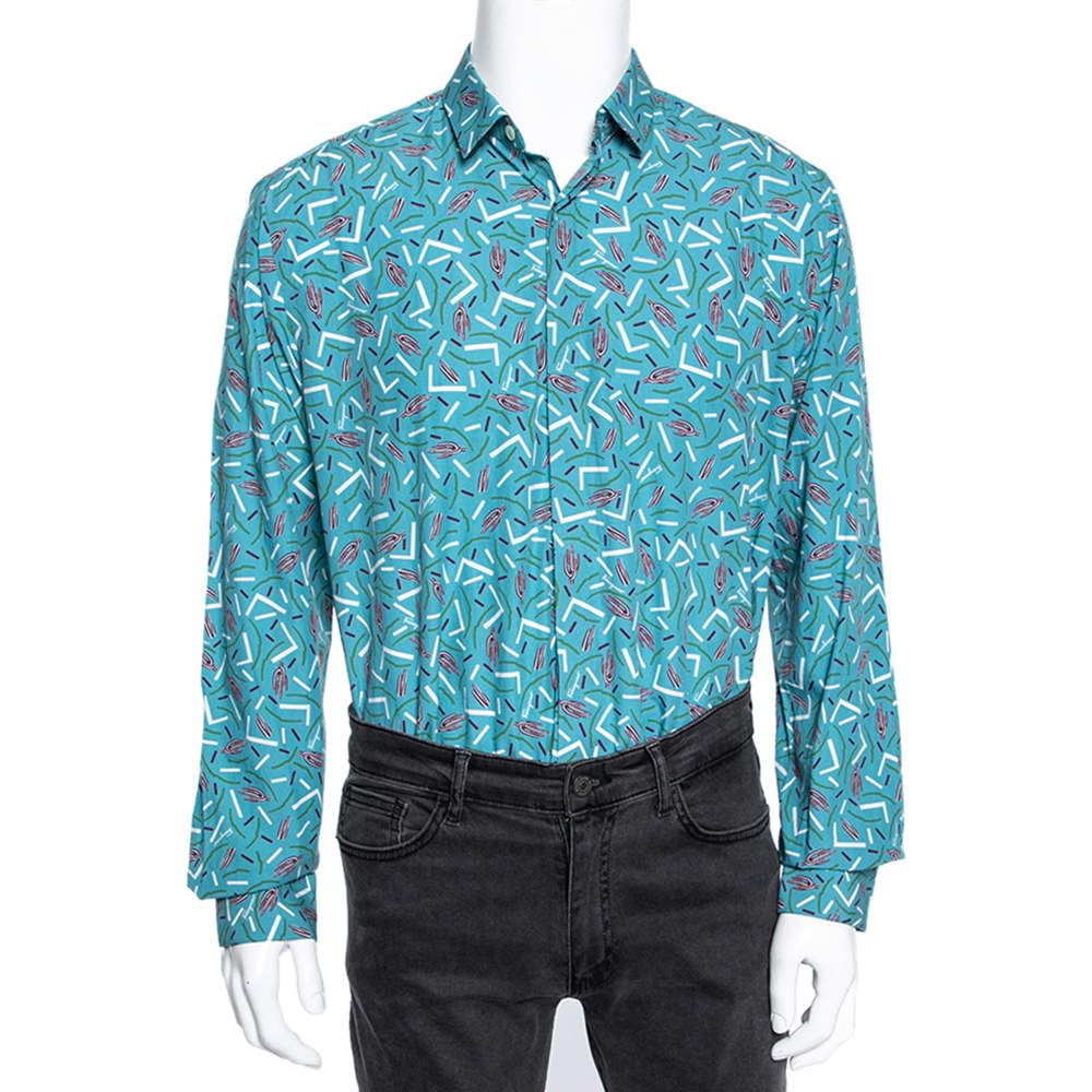Pre Owned Salvatore Ferragamo Blue Cactus Printed Cotton Long Sleeve Shirt XL