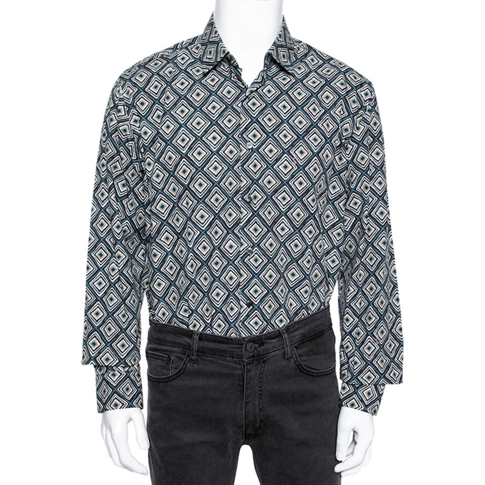 Pre Owned Salvatore Ferragamo Charcoal Grey Printed Cotton Derby Fit Shirt XL