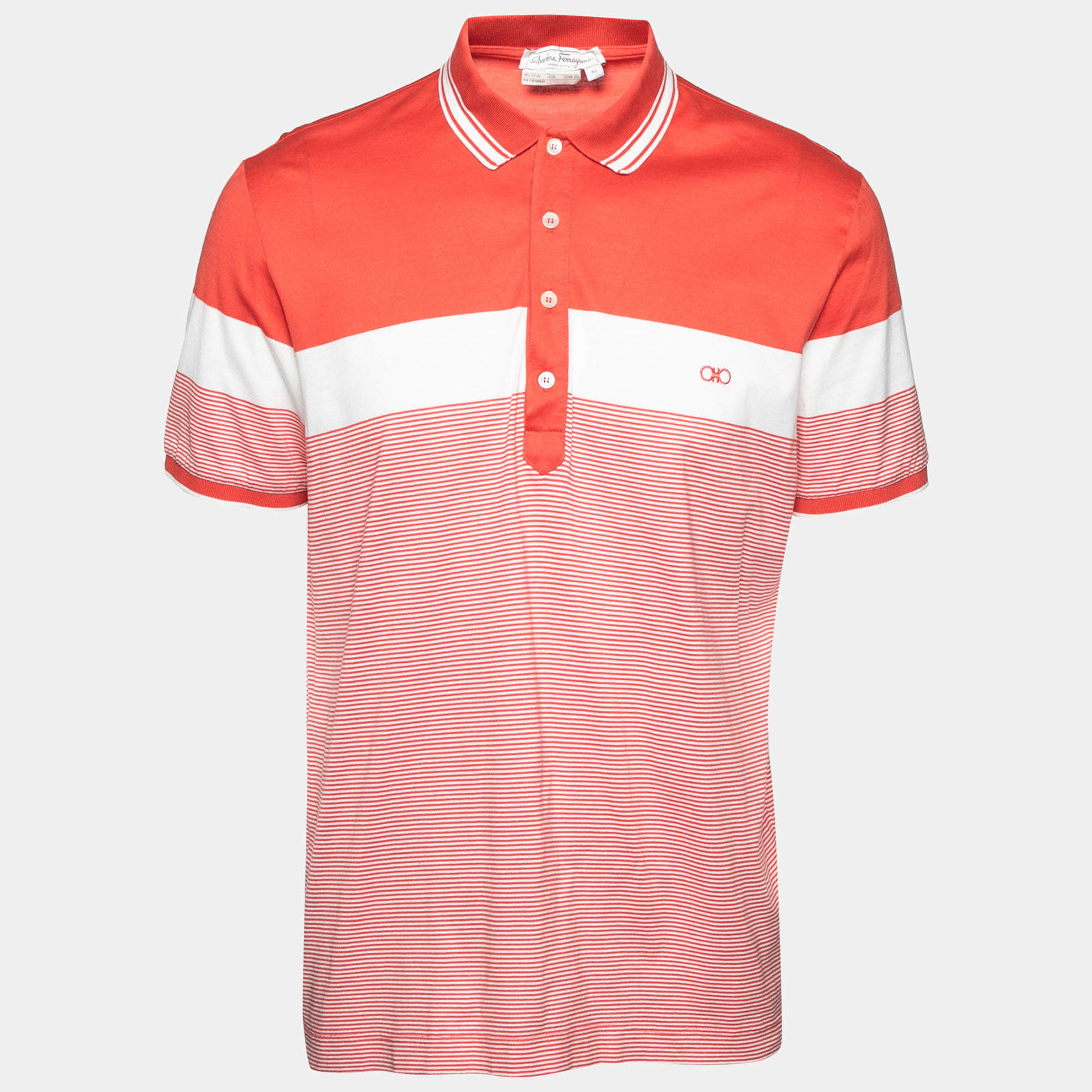 Pre Owned Salvatore Ferragamo Coral Stripe Polo T-Shirt XL