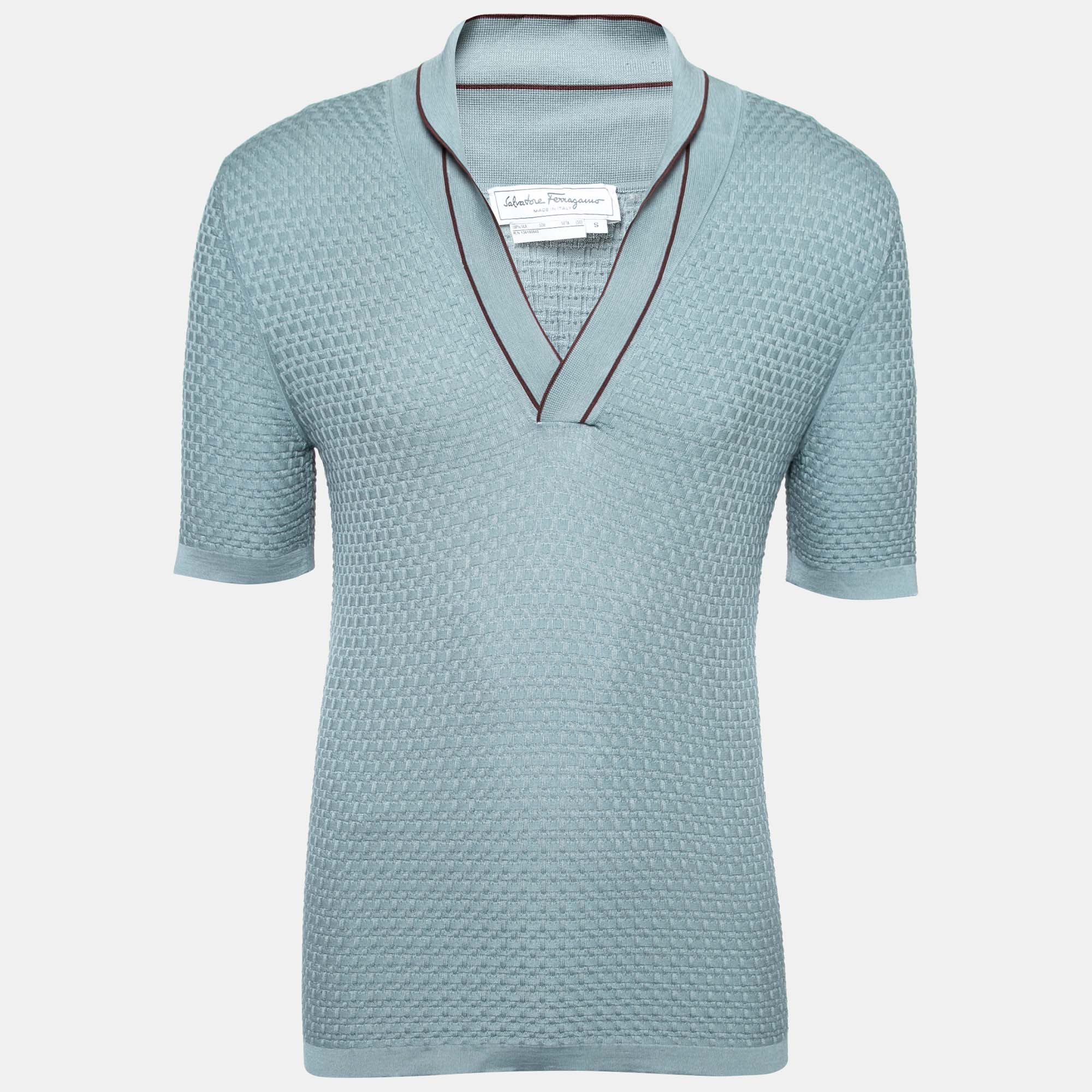 Pre Owned Salvatore Ferragamo Blue Patterned Silk Knit Short Sleeve Polo T-Shirt S
