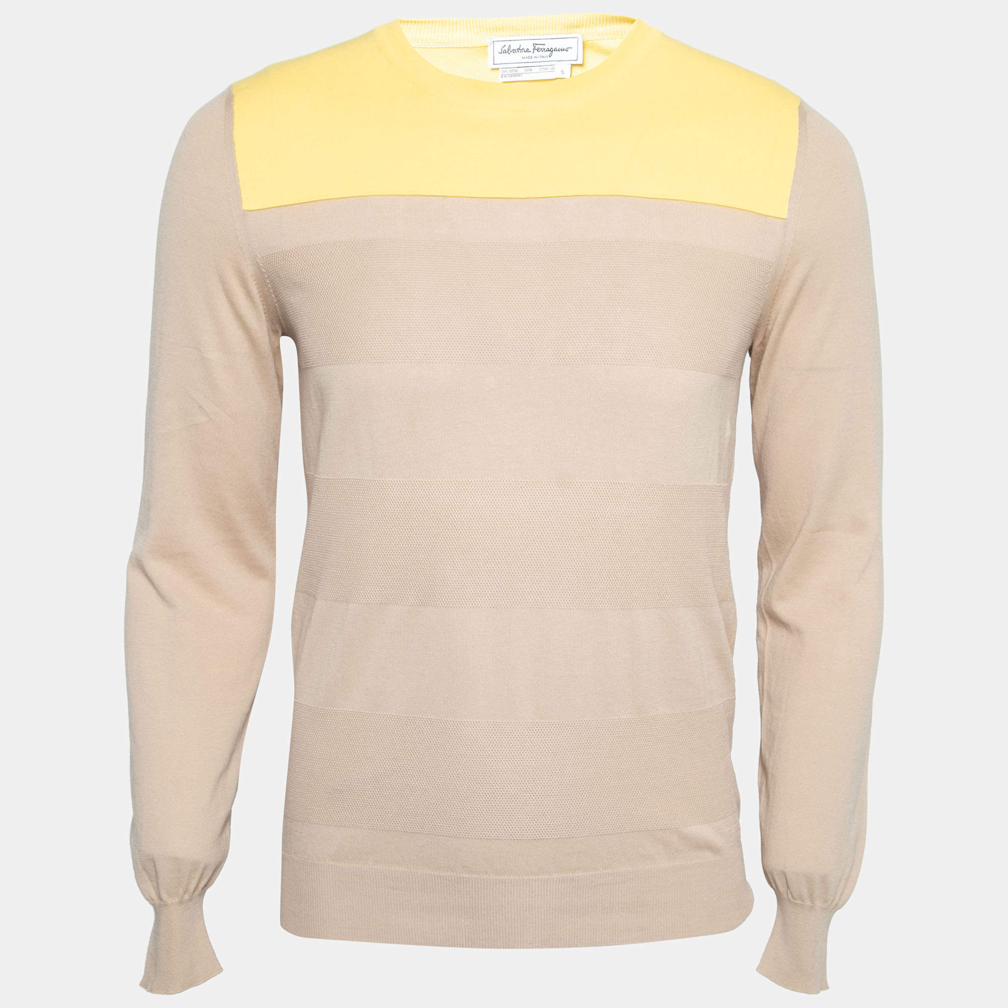 Salvatore Ferragamo Beige & Yellow Paneled Cotton Knit Jumper S