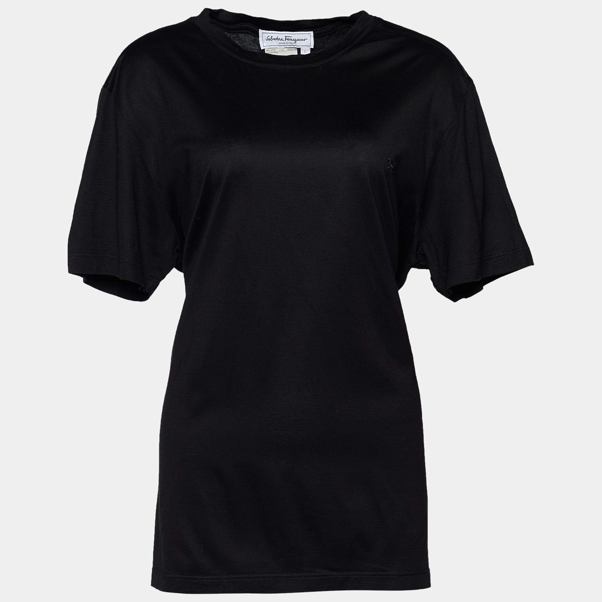 Pre Owned Salvatore Ferragamo Black Cotton Gancini Embroidered T-Shirt L