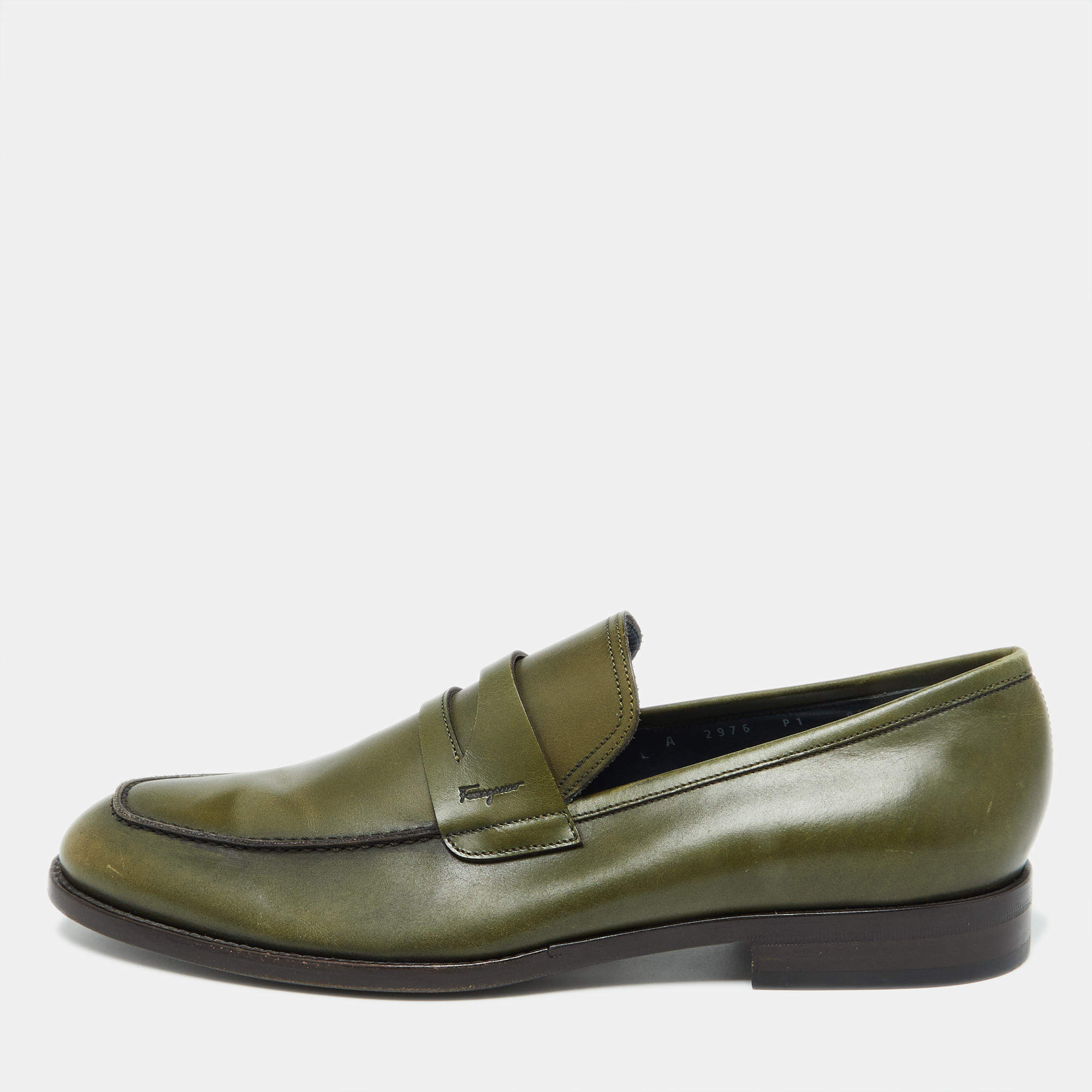 Pre Owned Salvatore Ferragamo Green Leather Gancio Loafers Size 42.5