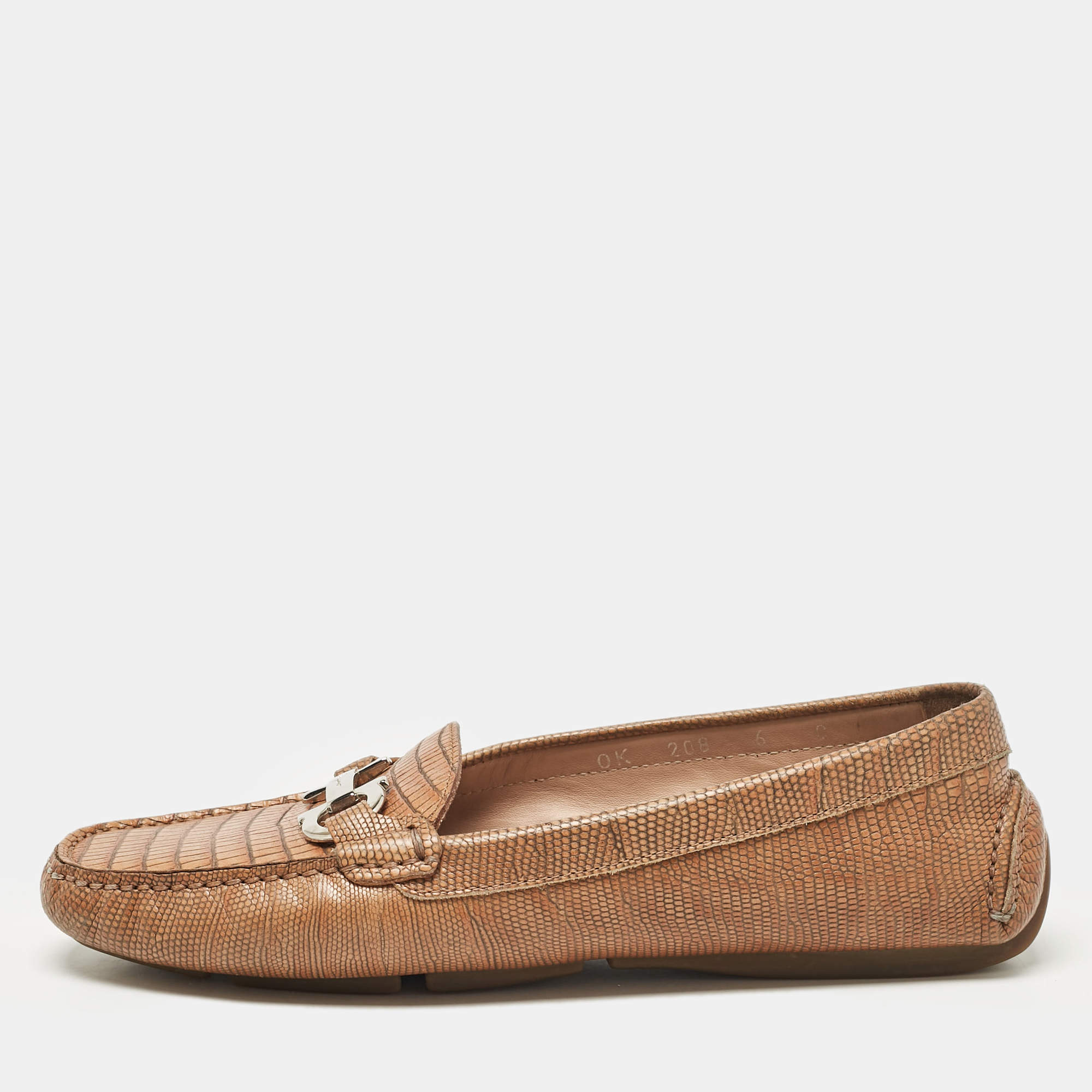 Salvatore Ferragamo Brown Lizard Embossed Leather Loafers Size 40