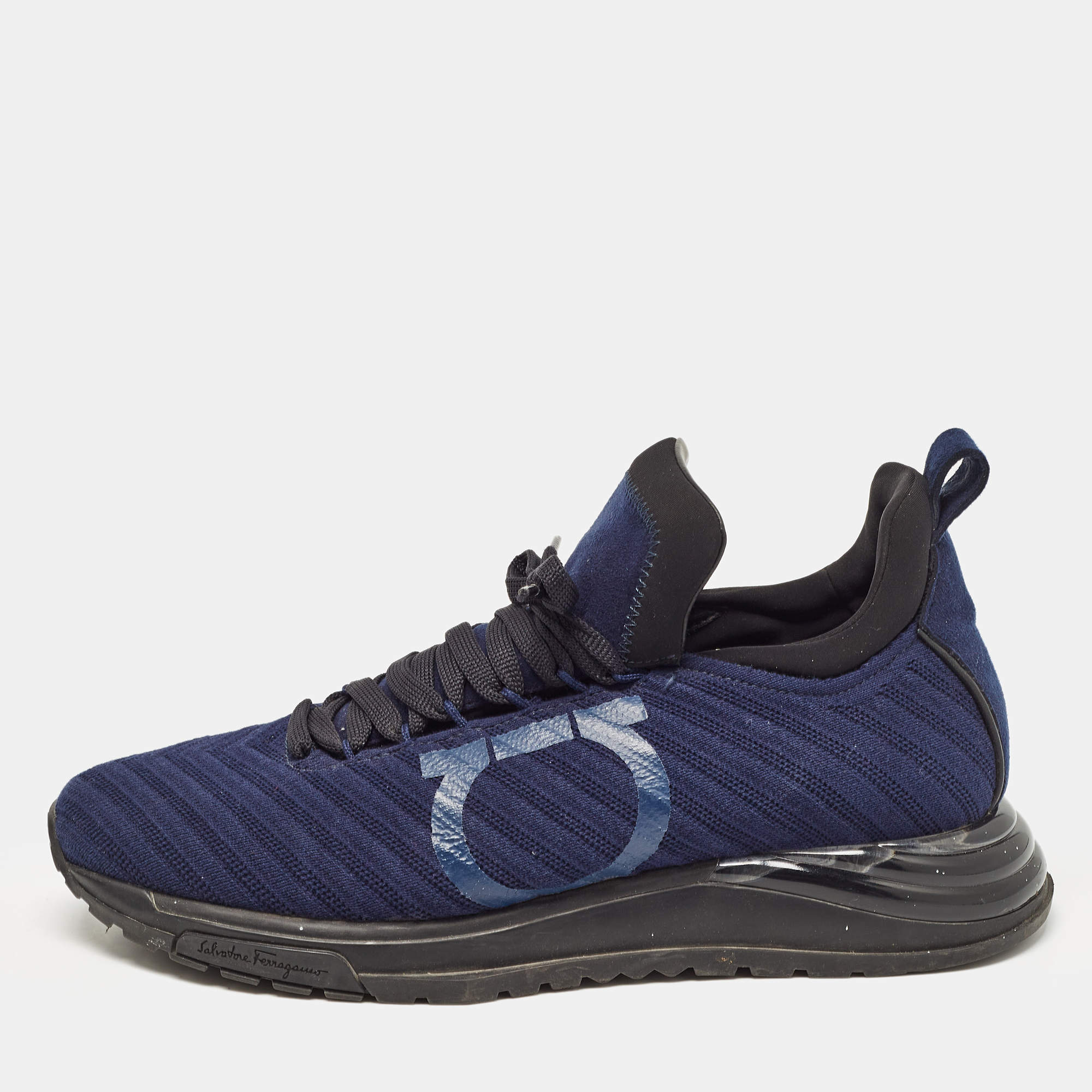 Salvatore Ferragamo Blue Fabric Gancini Lace Up Sneakers Size 42.5