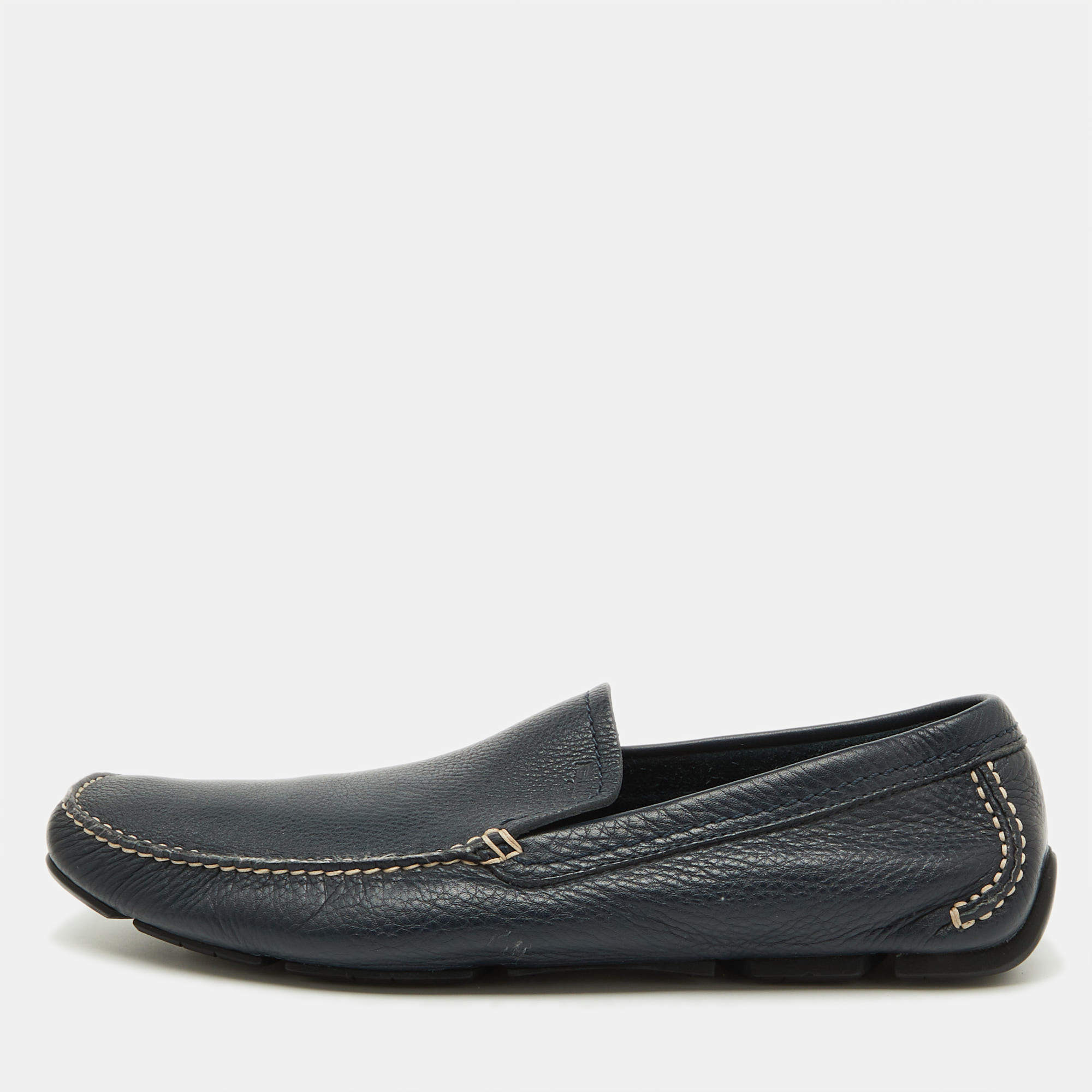 Salvatore Ferragamo Navy Blue Leather Slip On Loafers Size 44