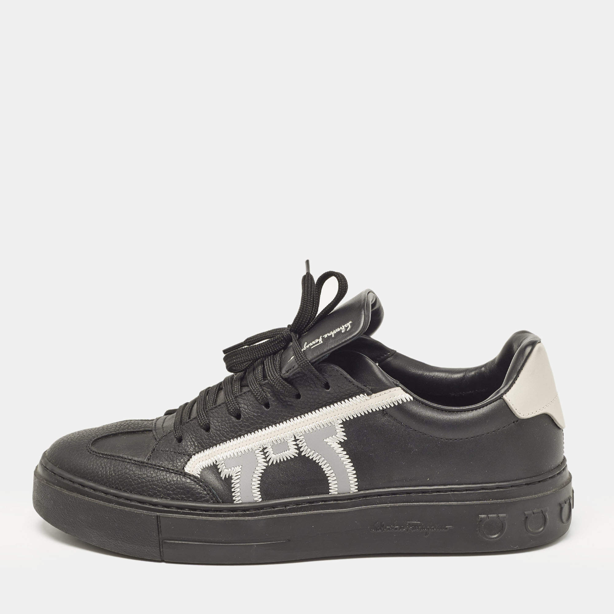 Salvatore Ferragamo Black/Cream Leather Borg Lace Up Sneakers Size 42.5