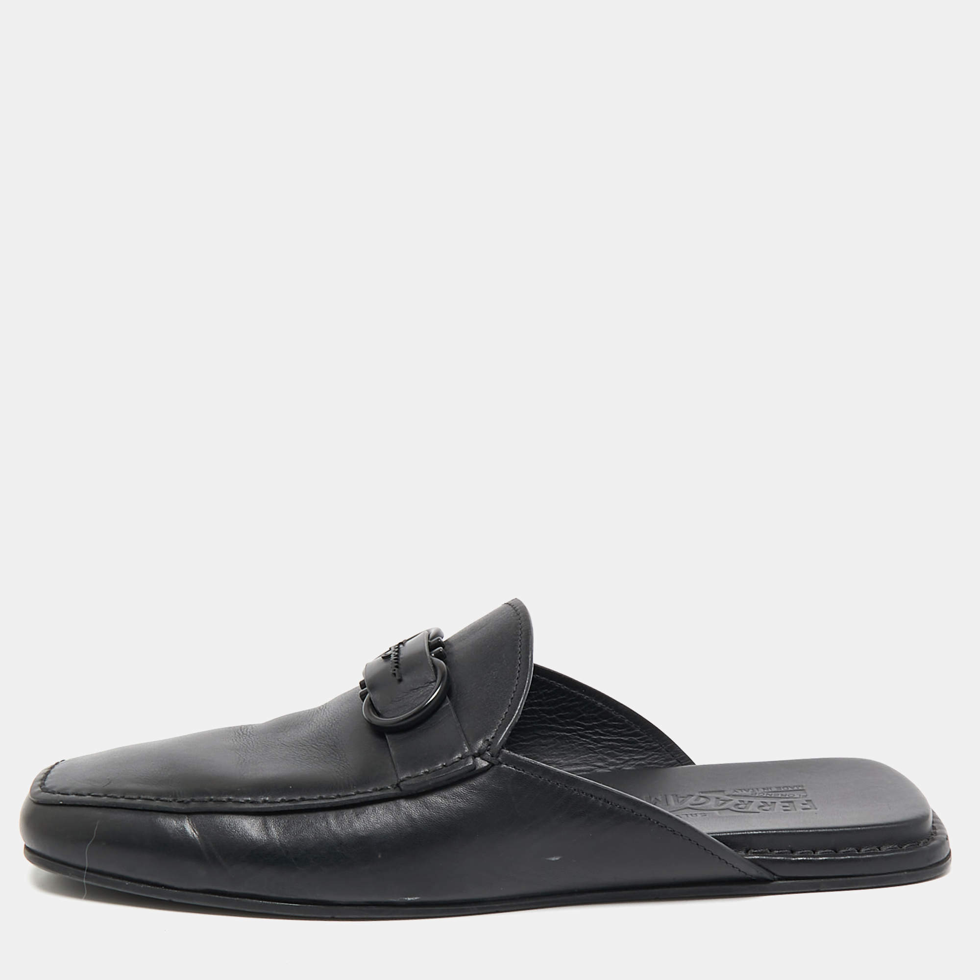 Salvatore Ferragamo Black Leather Gancini Mules Size 44