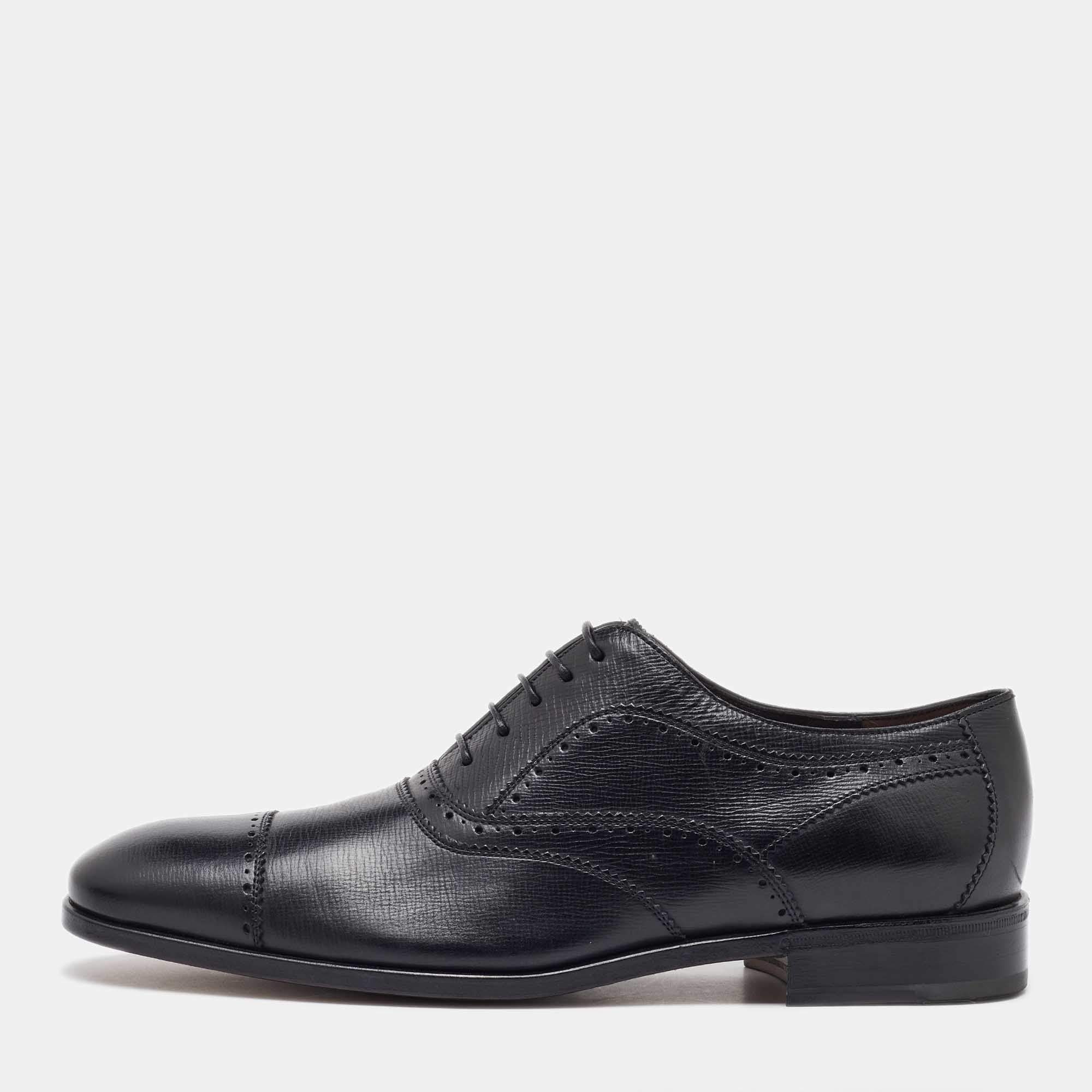 Salvatore Ferragamo Black Leather Brogue Lace Up Oxfords Size 41.5