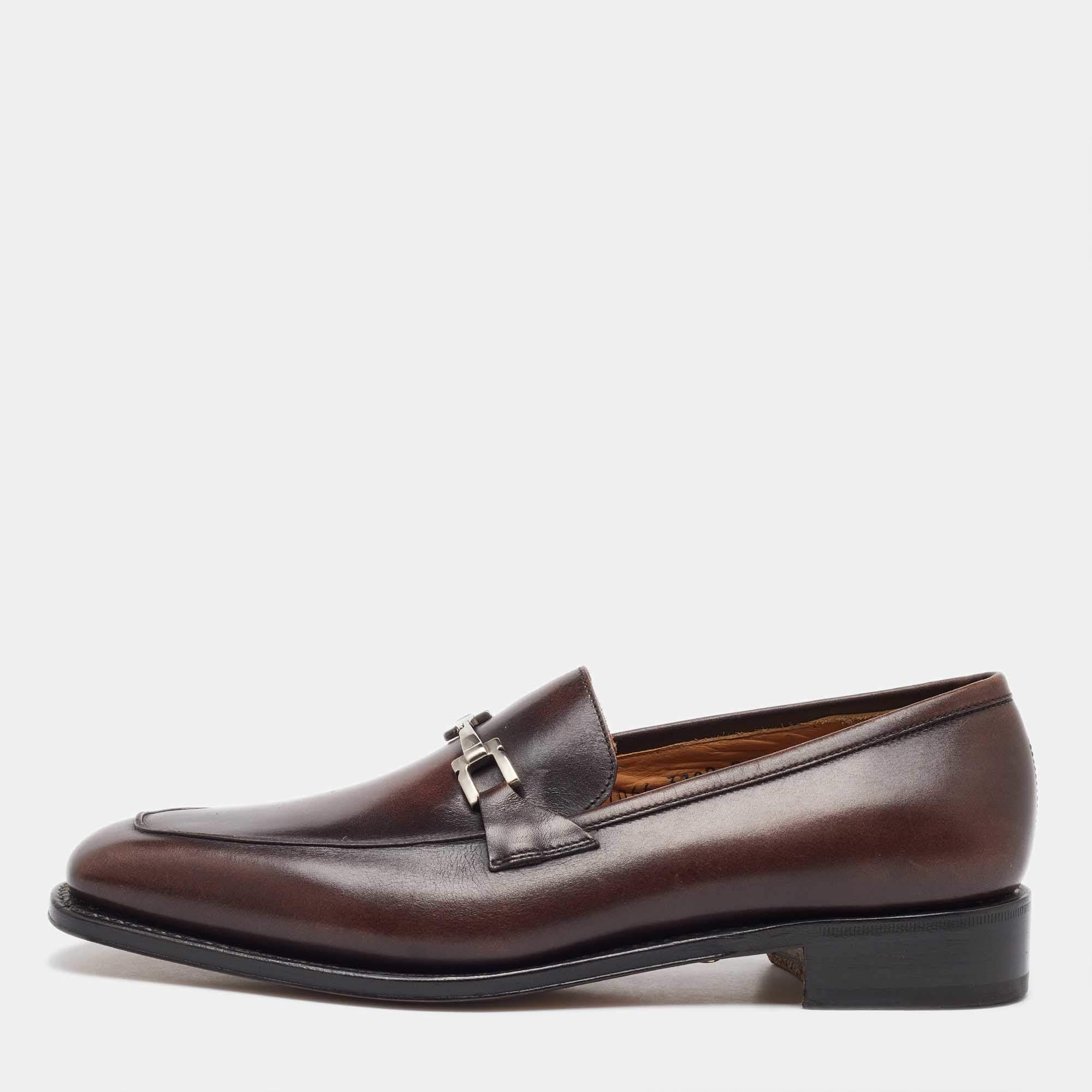 Salvatore Ferragamo Dark Brown Leather Gancini Slip On Loafers Size 41.5