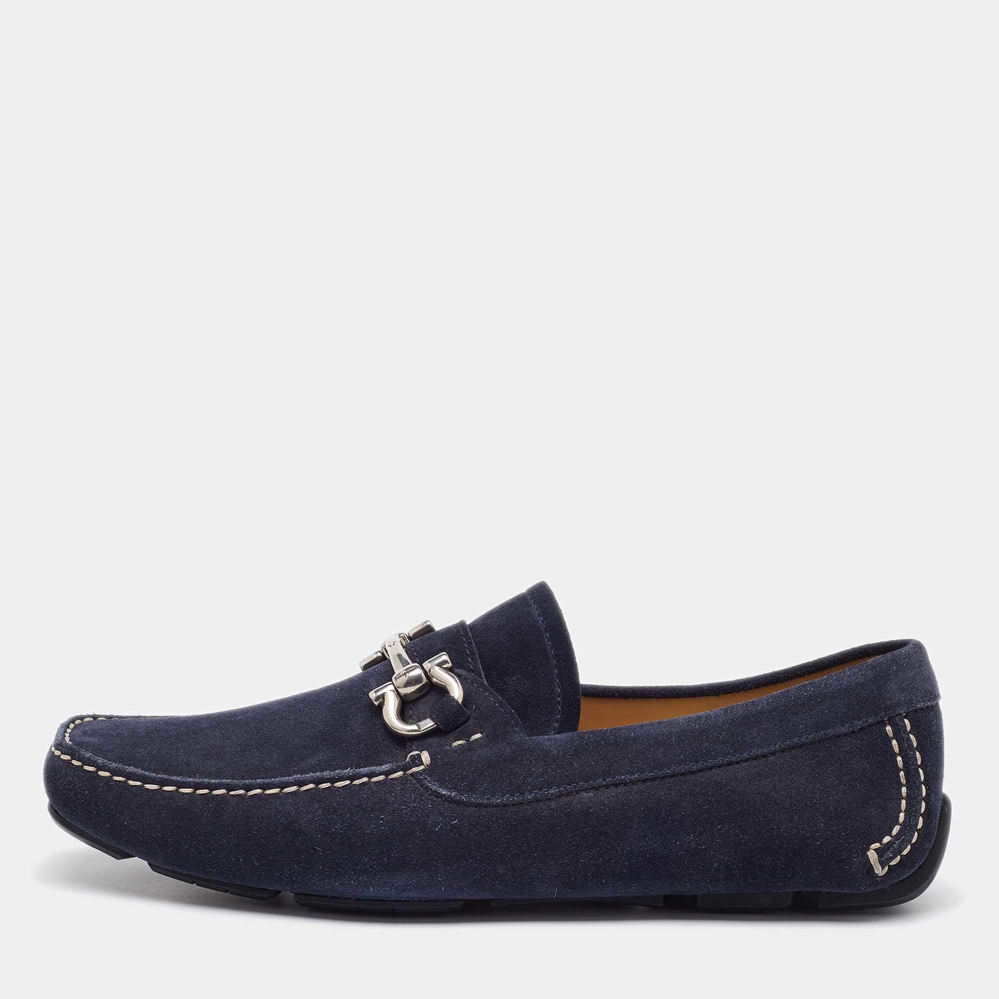 Pre Owned Salvatore Ferragamo Navy Blue Suede Gancini Slip On Loafers Size 41.5