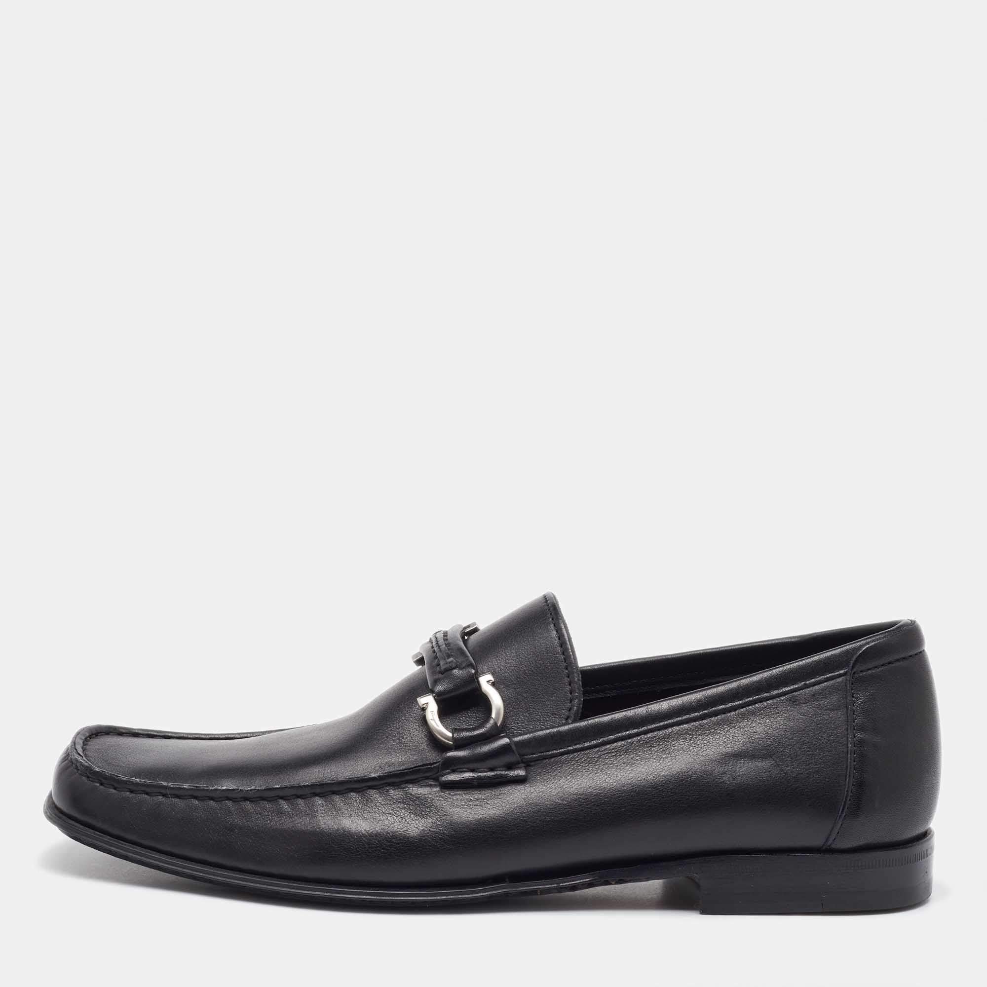 Pre Owned Salvatore Ferragamo Black Leather Gancini Loafers Size 41.5