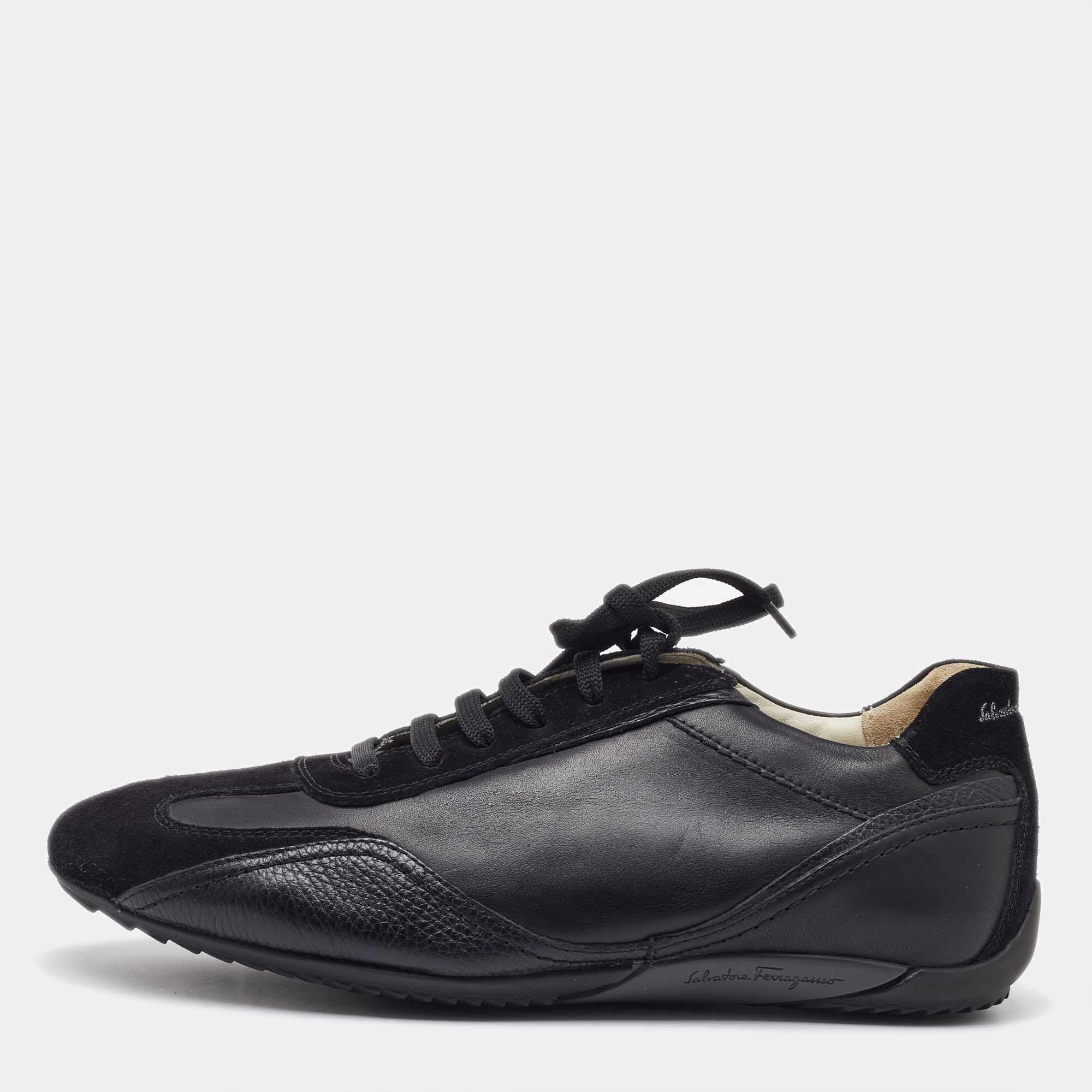 Salvatore Ferragamo Black Leather and Suede Low Top Sneakers Size 41.5